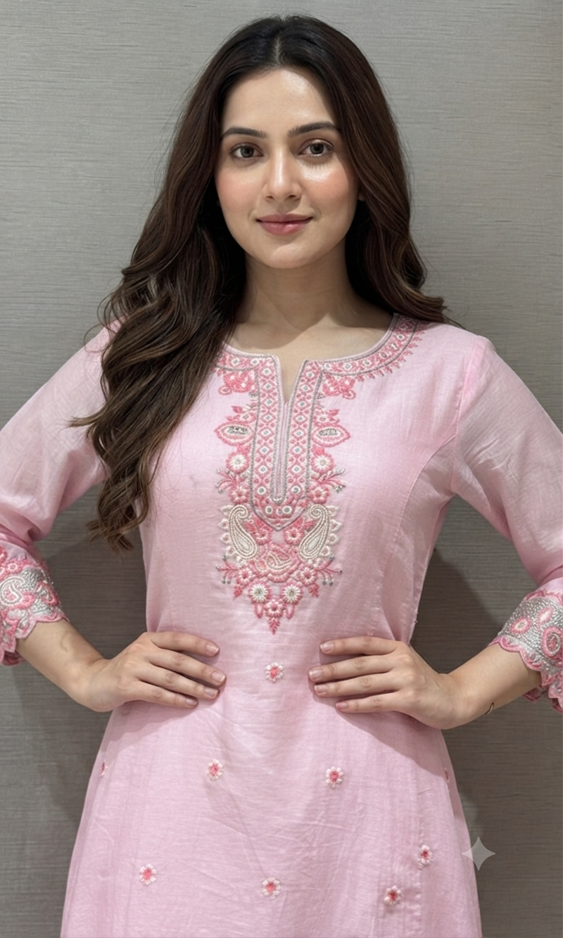 Pink Straight Cut Salwar Suit with Floral Embroidery
