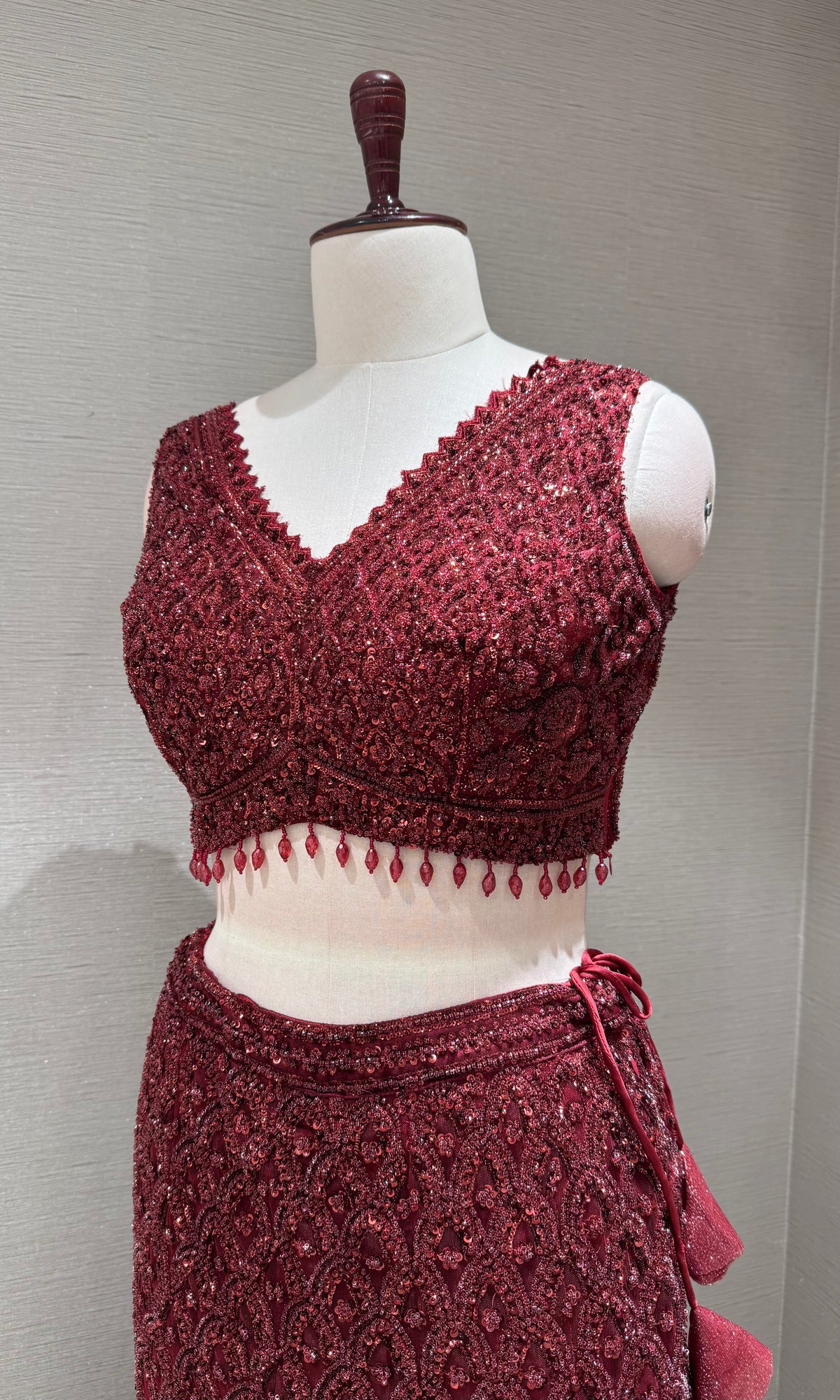 Wine Embroidered fish cut Lehenga Set with Sheer Dupatta