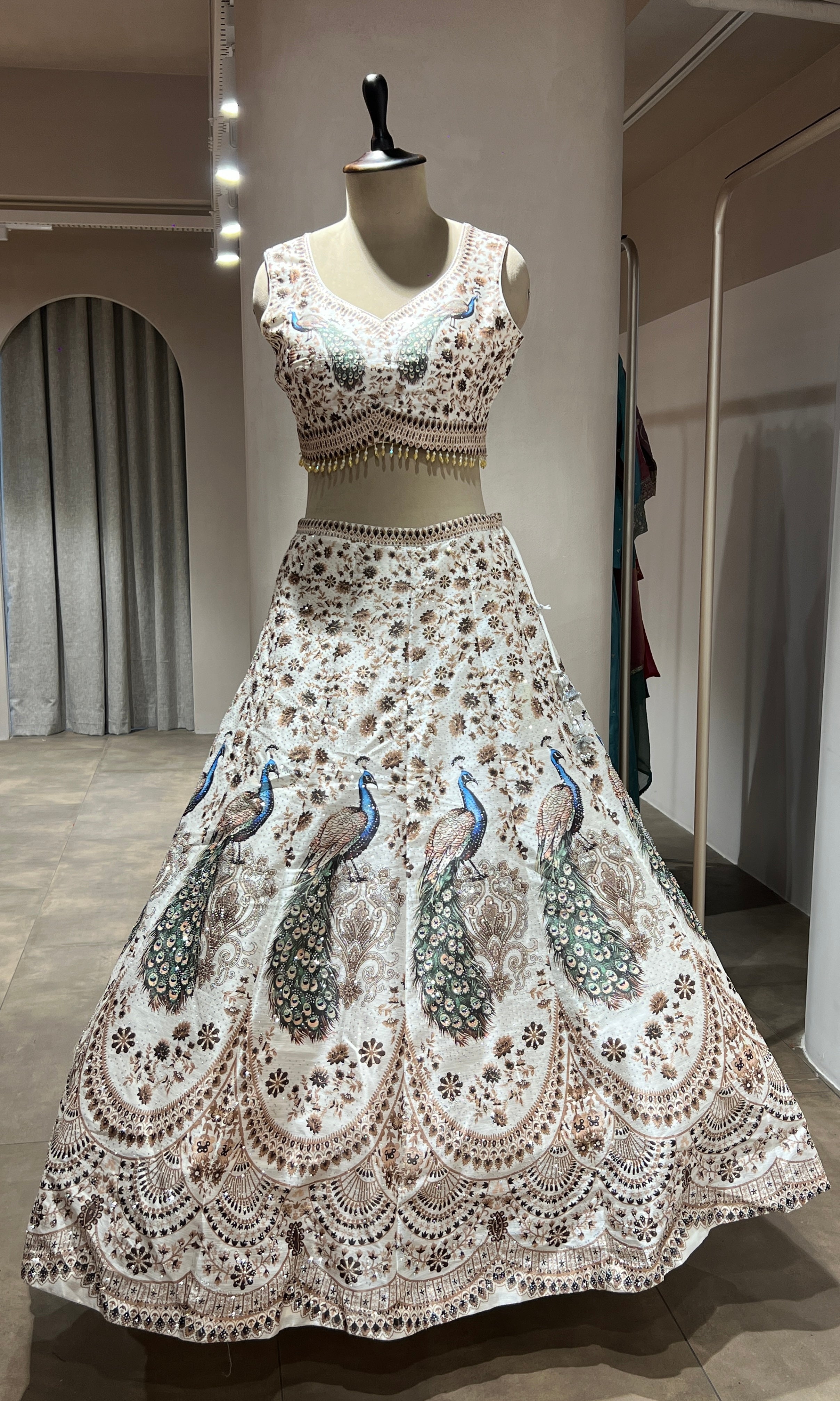WHITE PEACOCK EMBROIDERED LEHENGA
