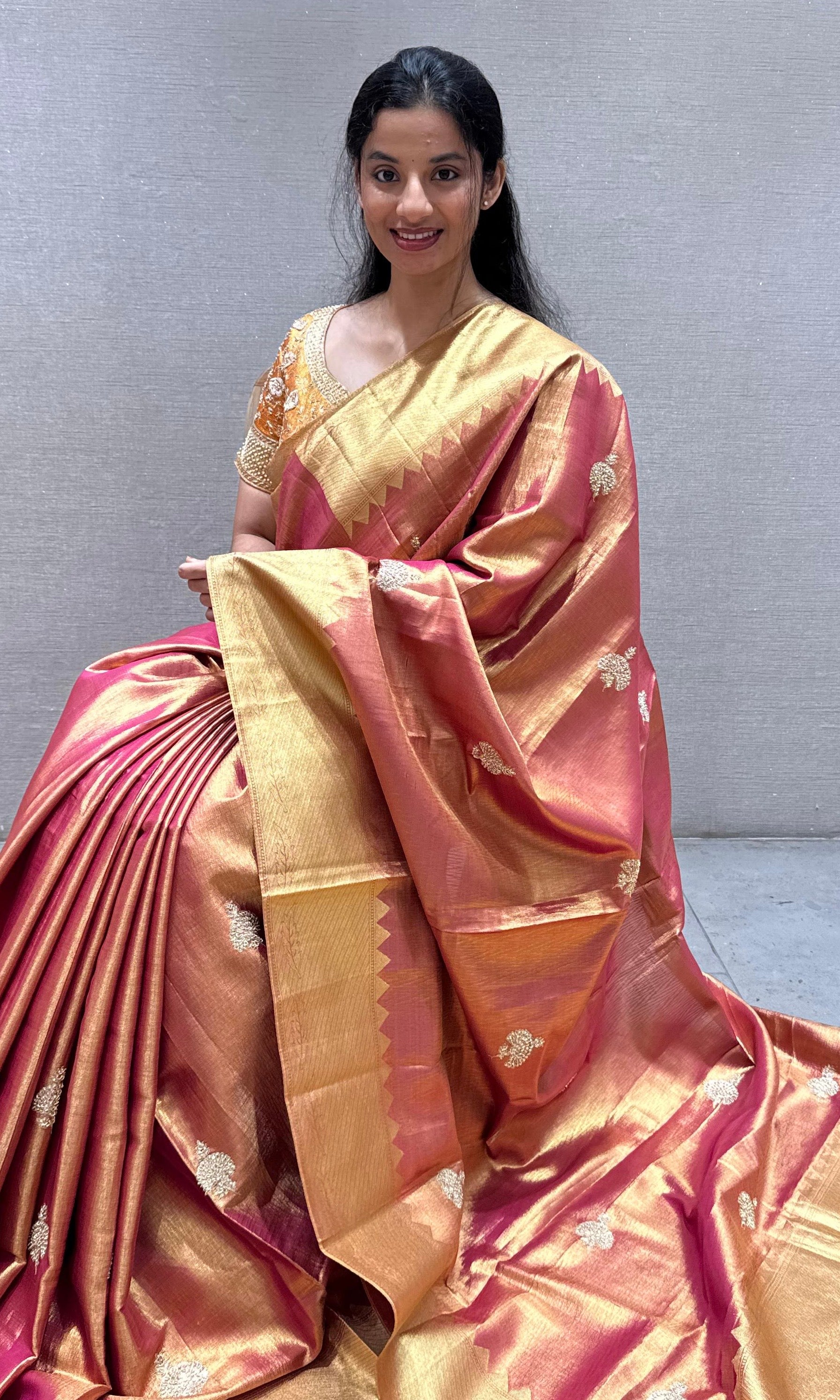 Rust orange saree with ready blouse