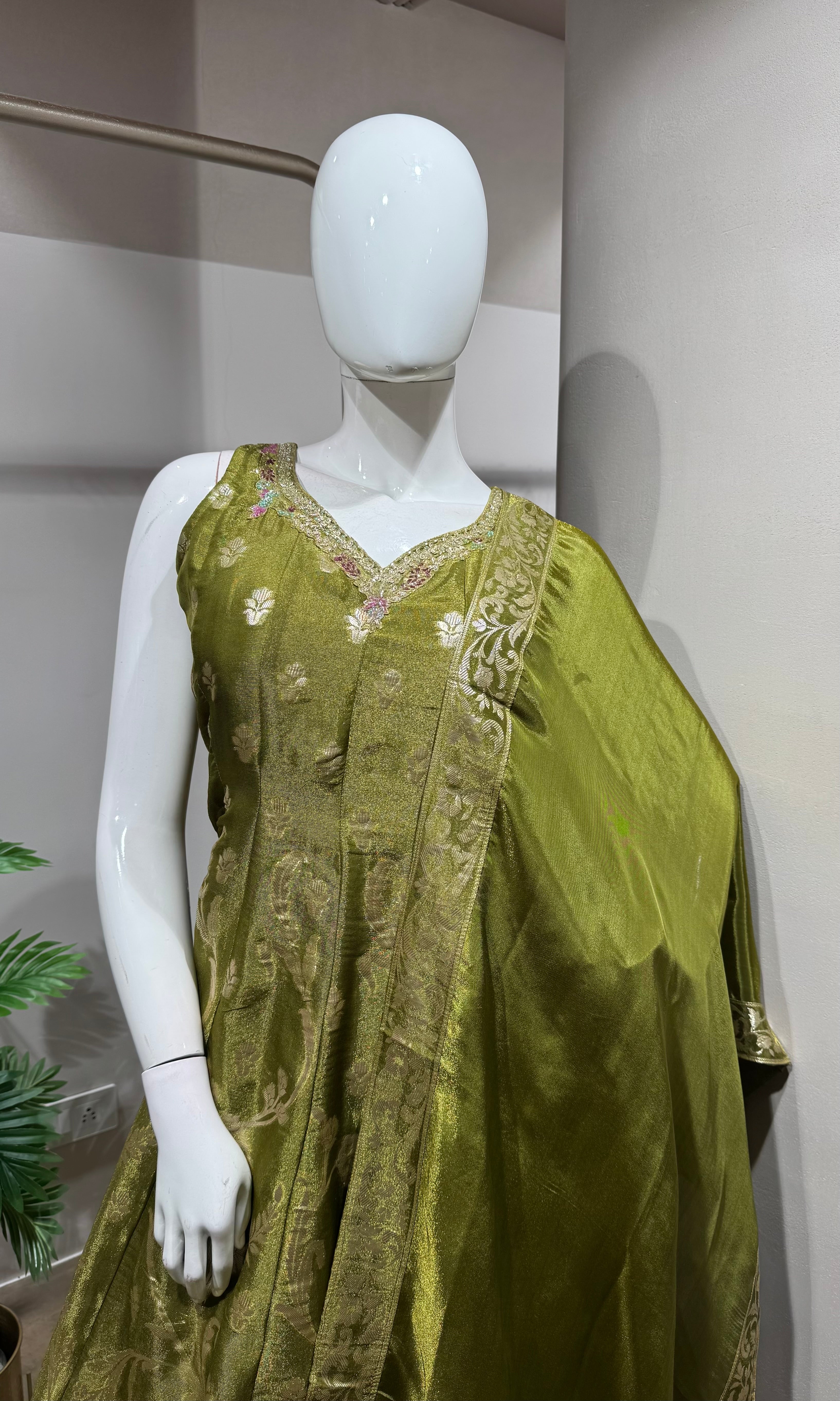 green embroidered silk ANARKALI suit set