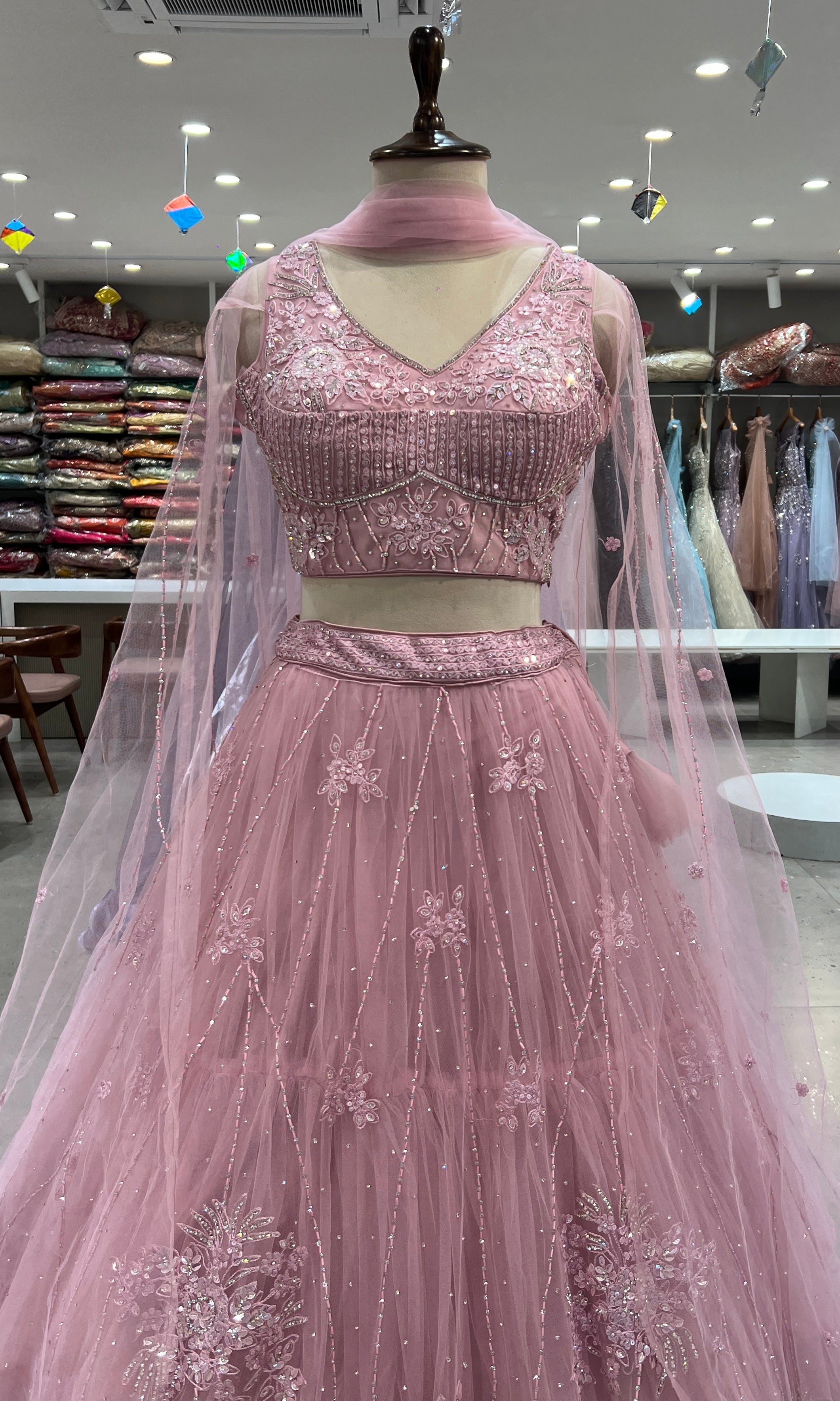 BABY PINK Floral Embroidered Net Lehenga