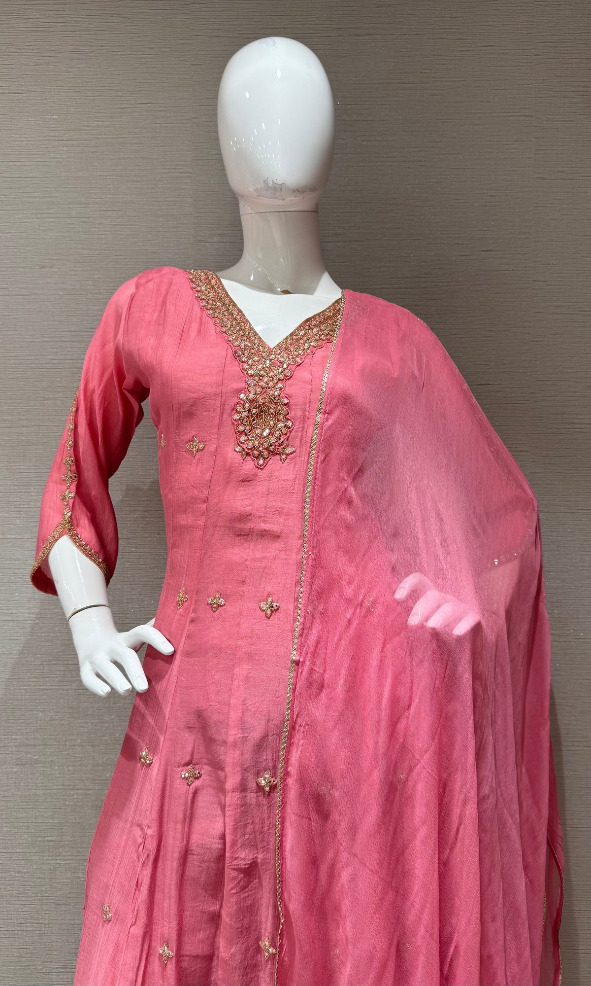 Rose Pink Silk golden Anarkali set with dupatta