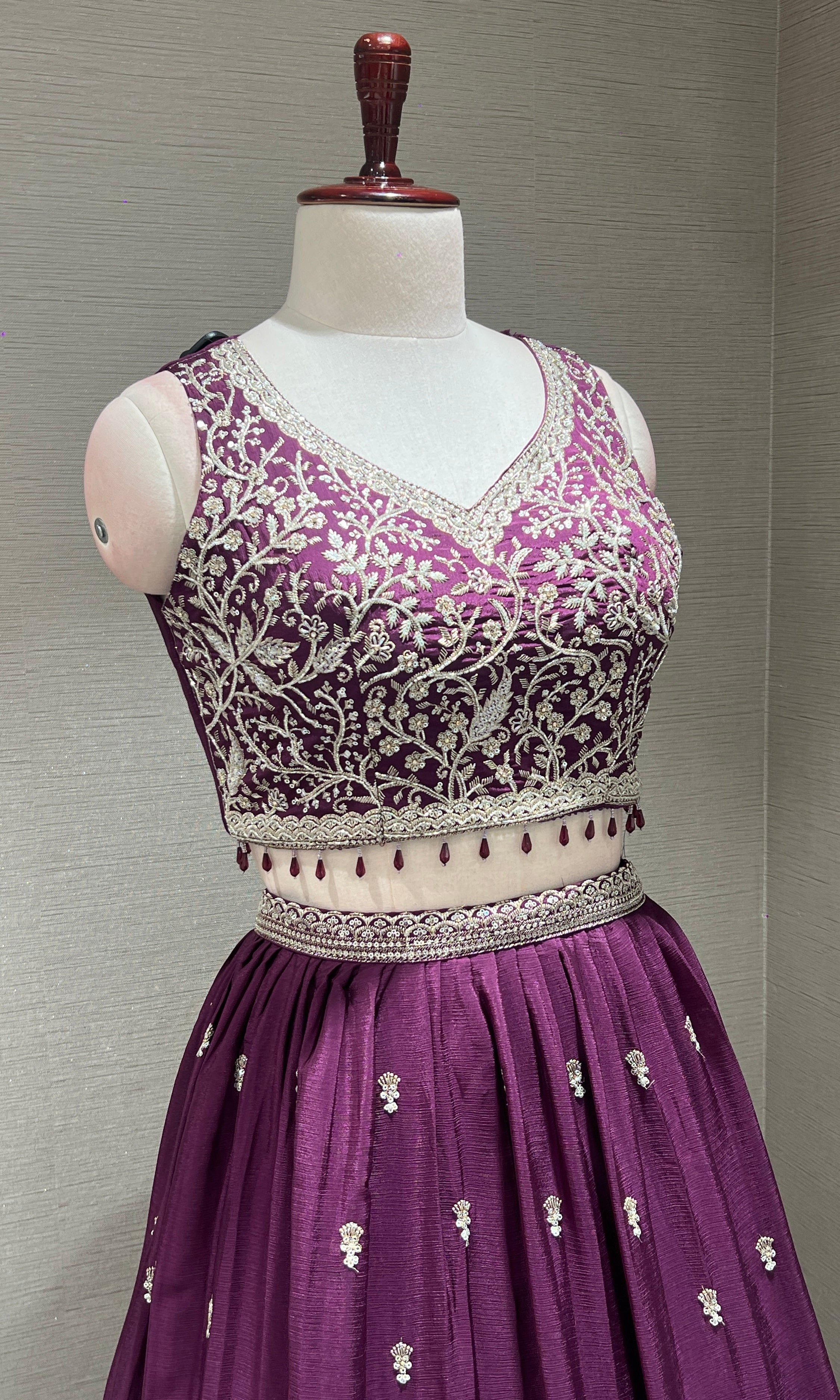 Wine Floral intricate Embroidery Lehenga