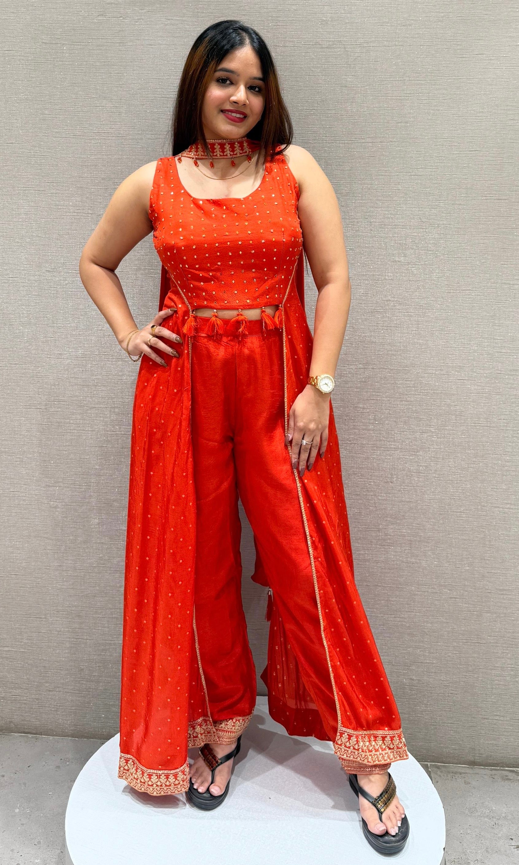 Orange 3 Piece Indo-Western dress (Crop Top with Plazzo)