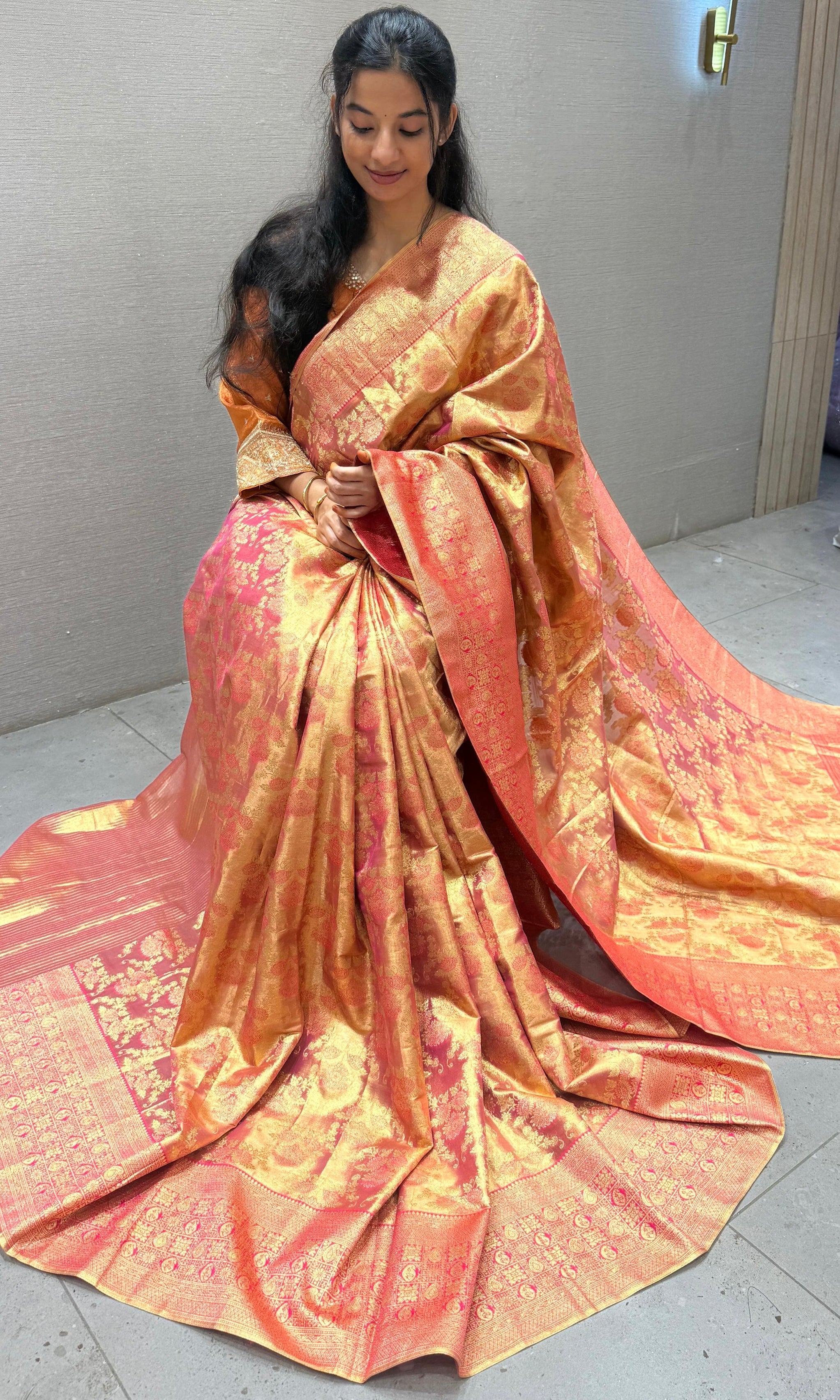 Pink saree with ready blouse