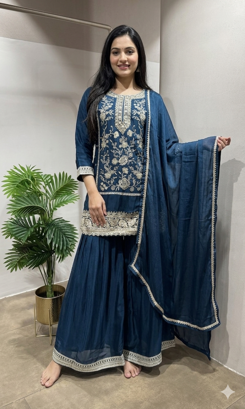 Blue Embroidered Sharara Set