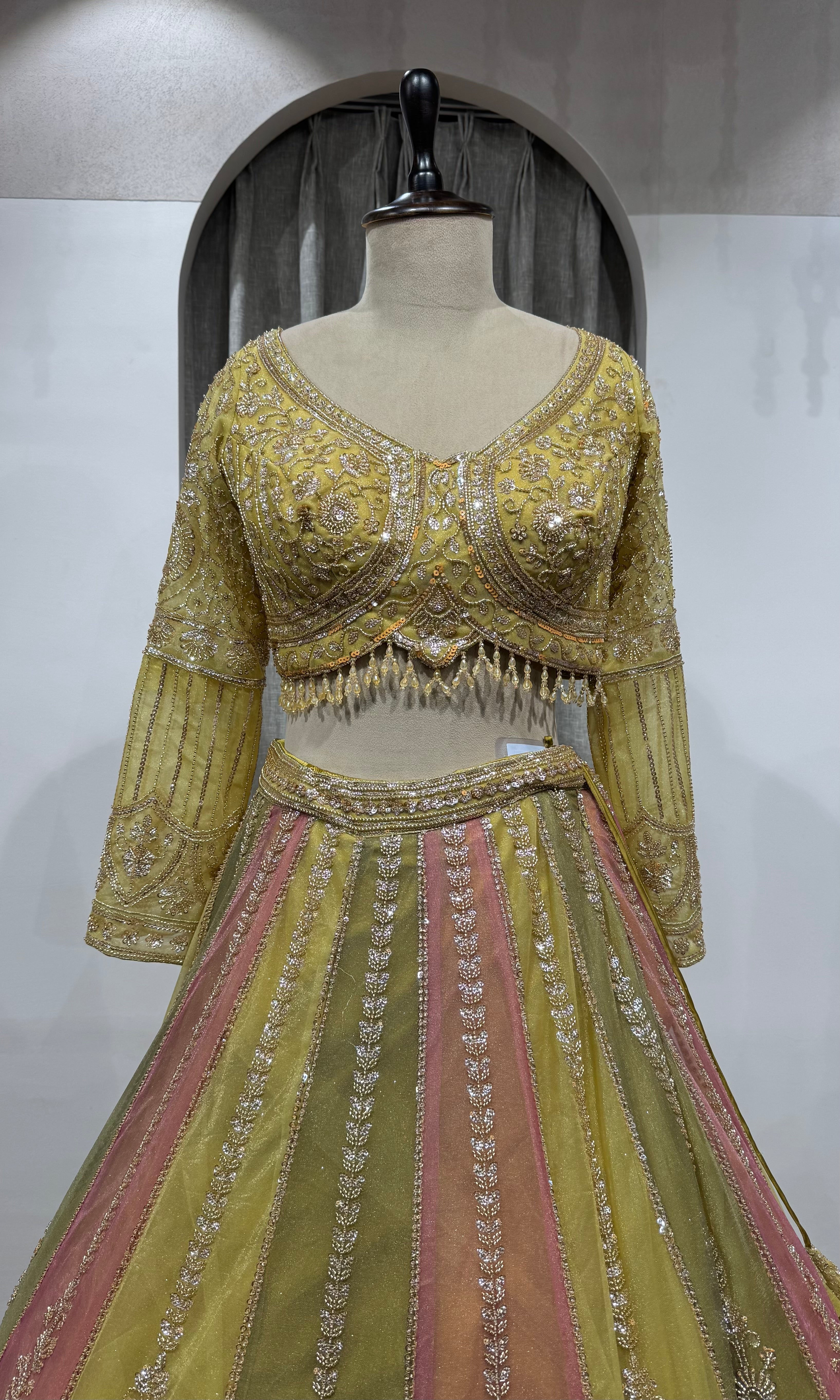 Lime Green & Blush Pink Embroidered Lehenga Set