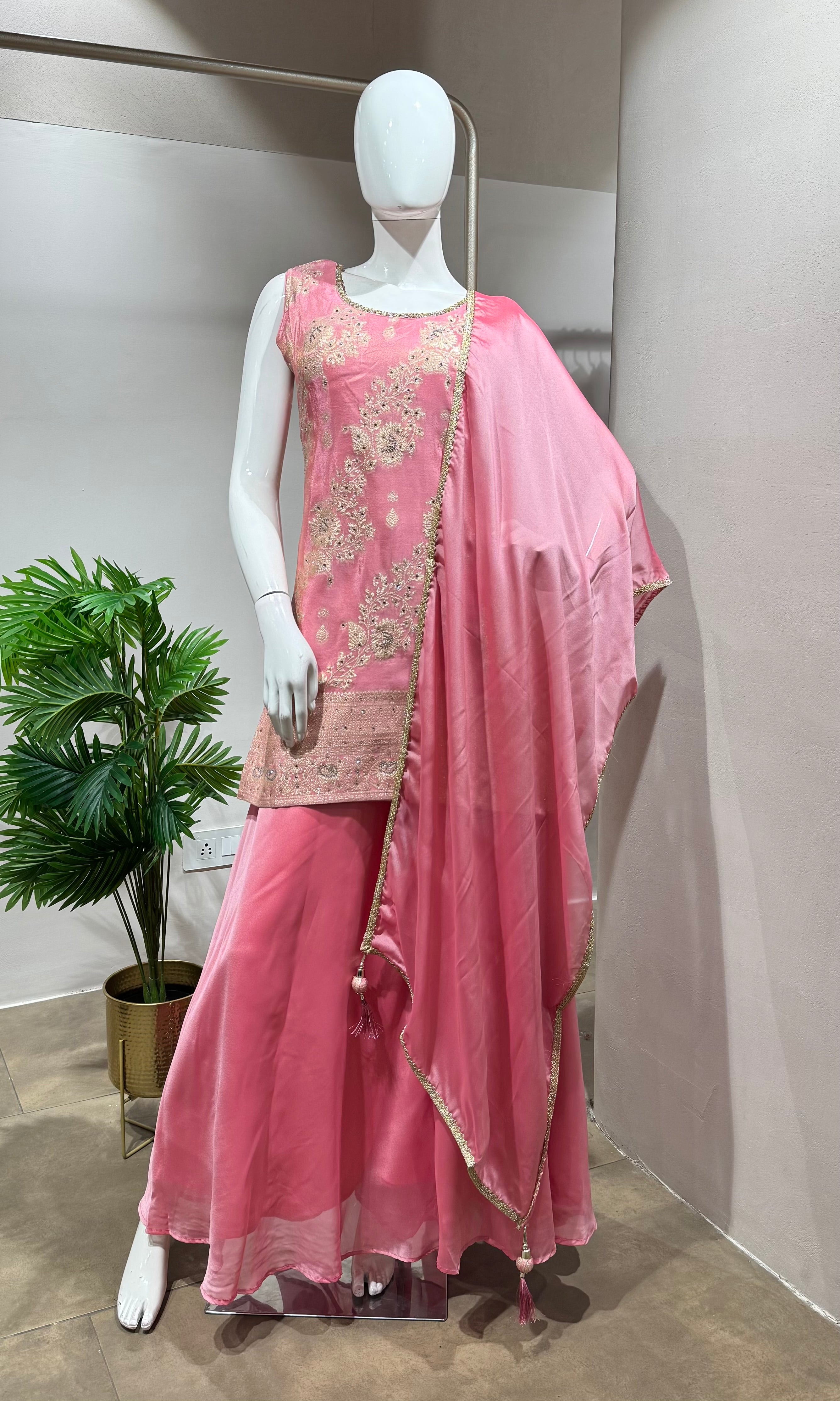 Pink Designer Beadwork Kurti SHARARA Set