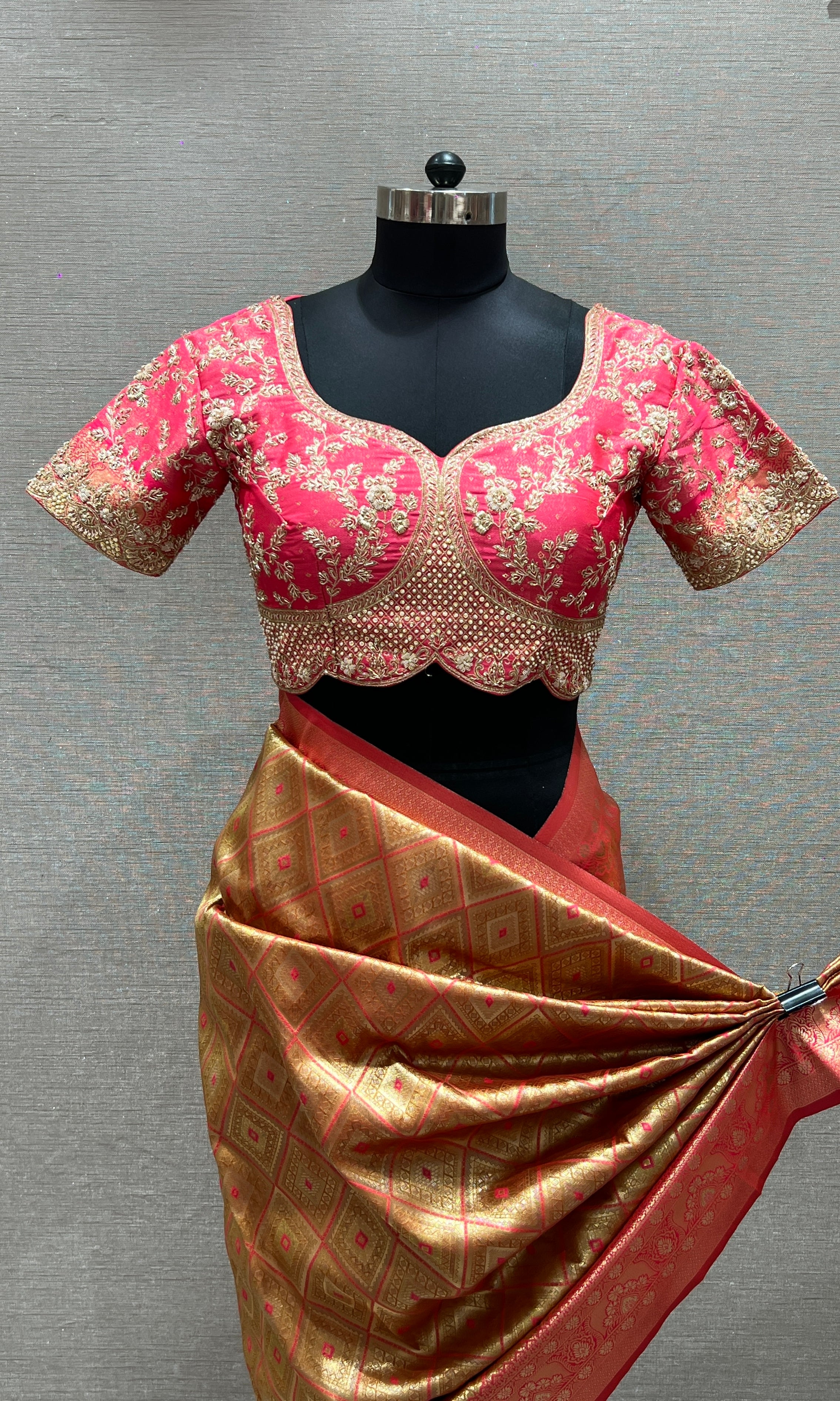 Pink saree with ready blouse