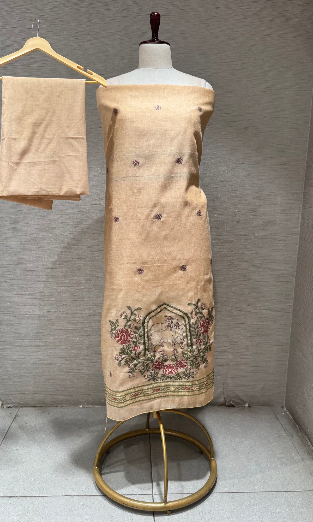 Light Beige floral embroidery dress material