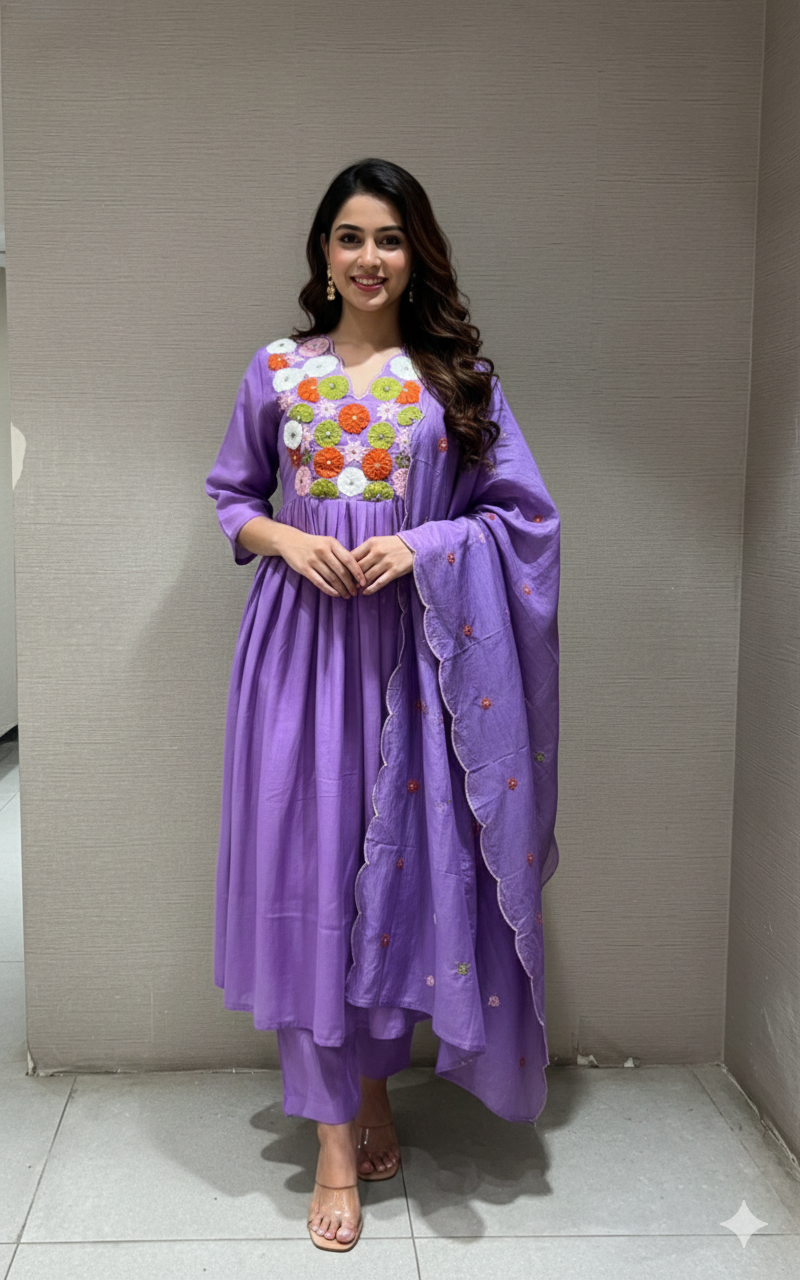 Purple Floral MUL CHANDERI KURTA SET