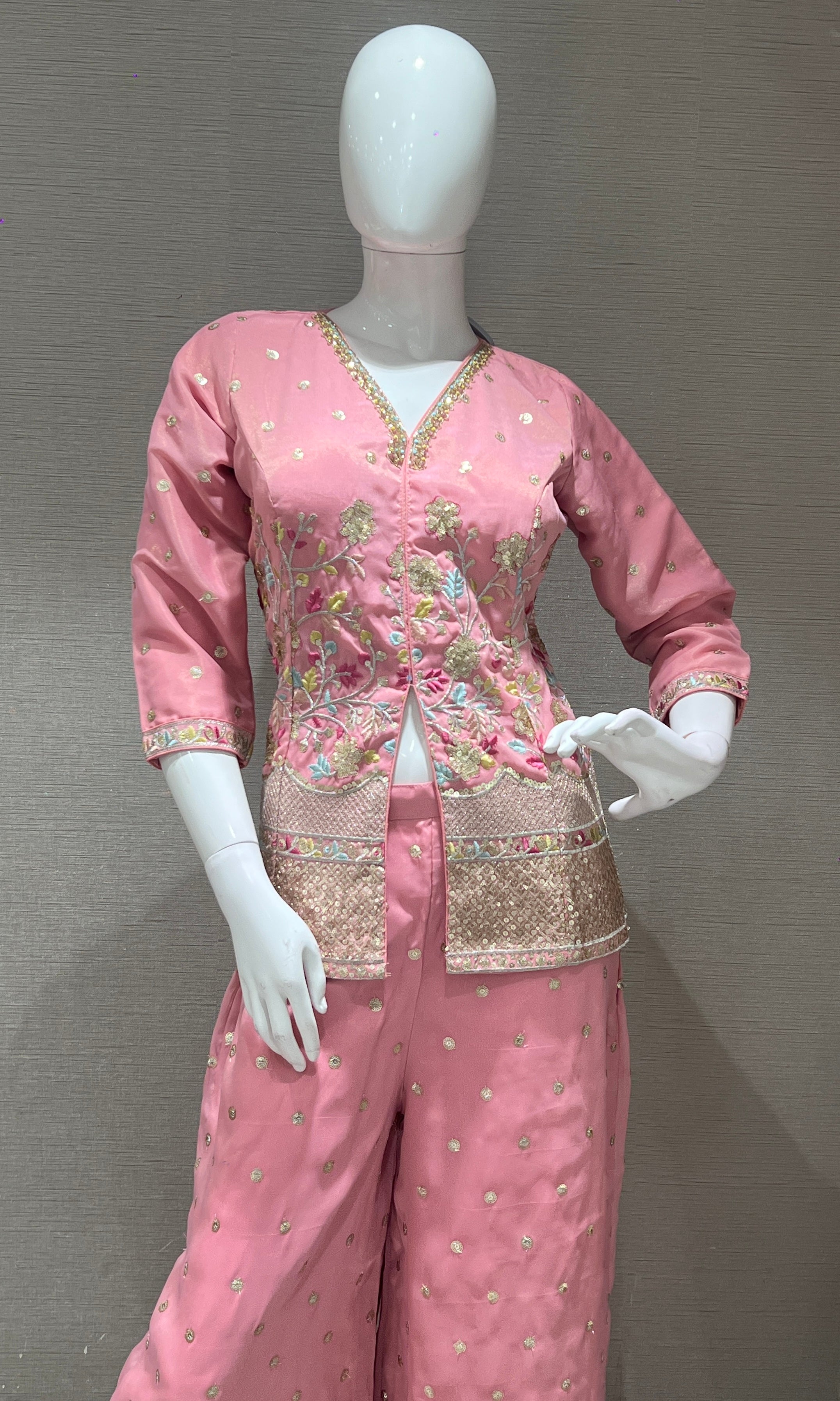 Rose Pink Floral Embroidered Palazzo set