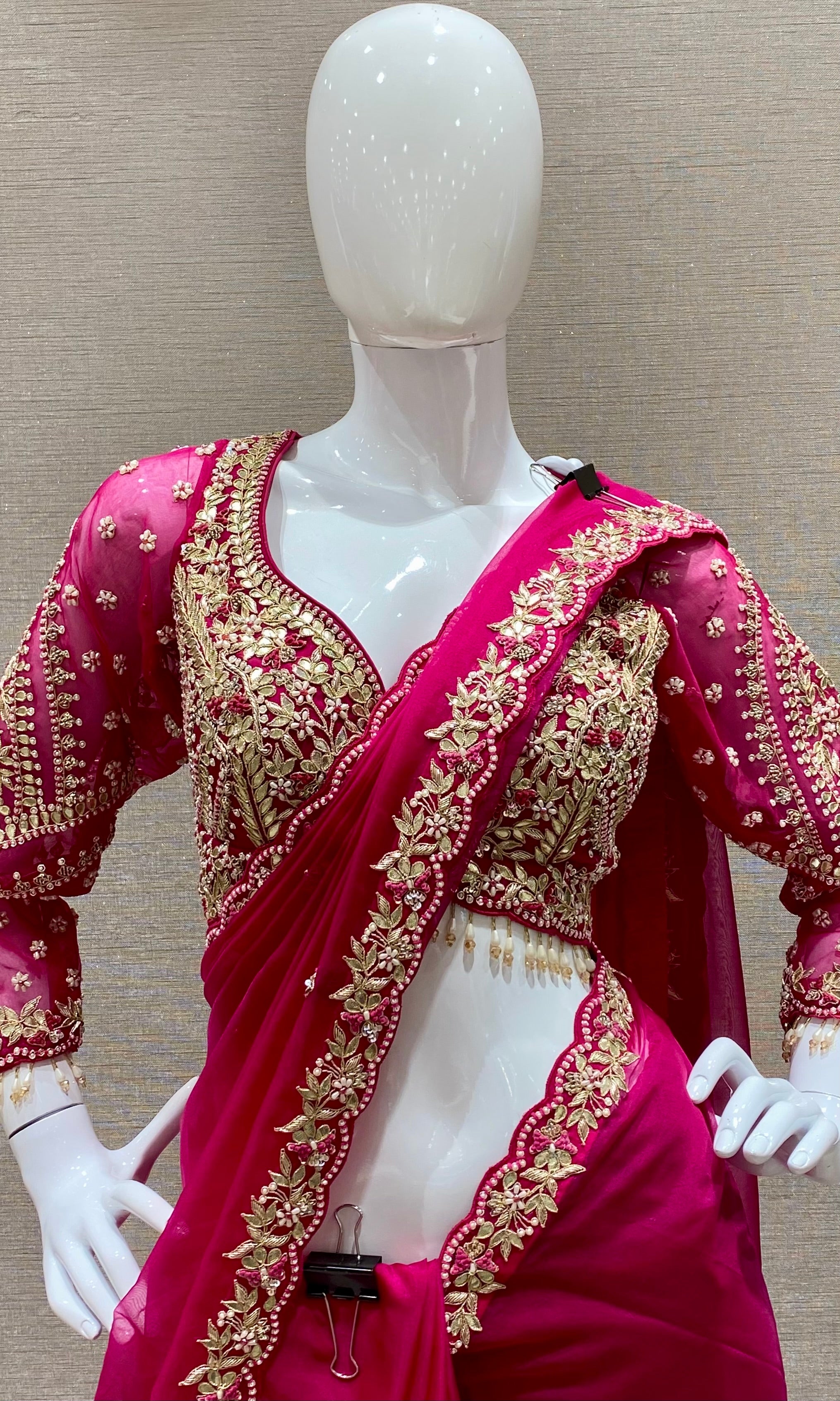 Pink saree with ready blouse