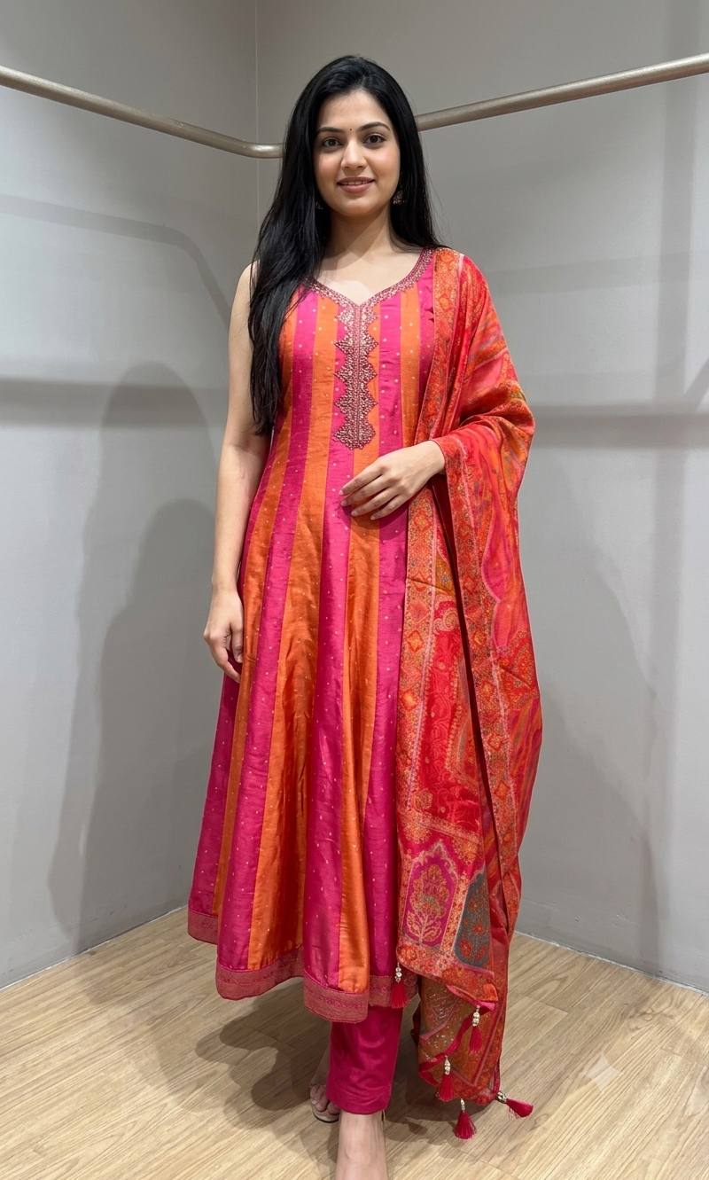 Rani Pink & Sunset Orange Striped Anarkali Set