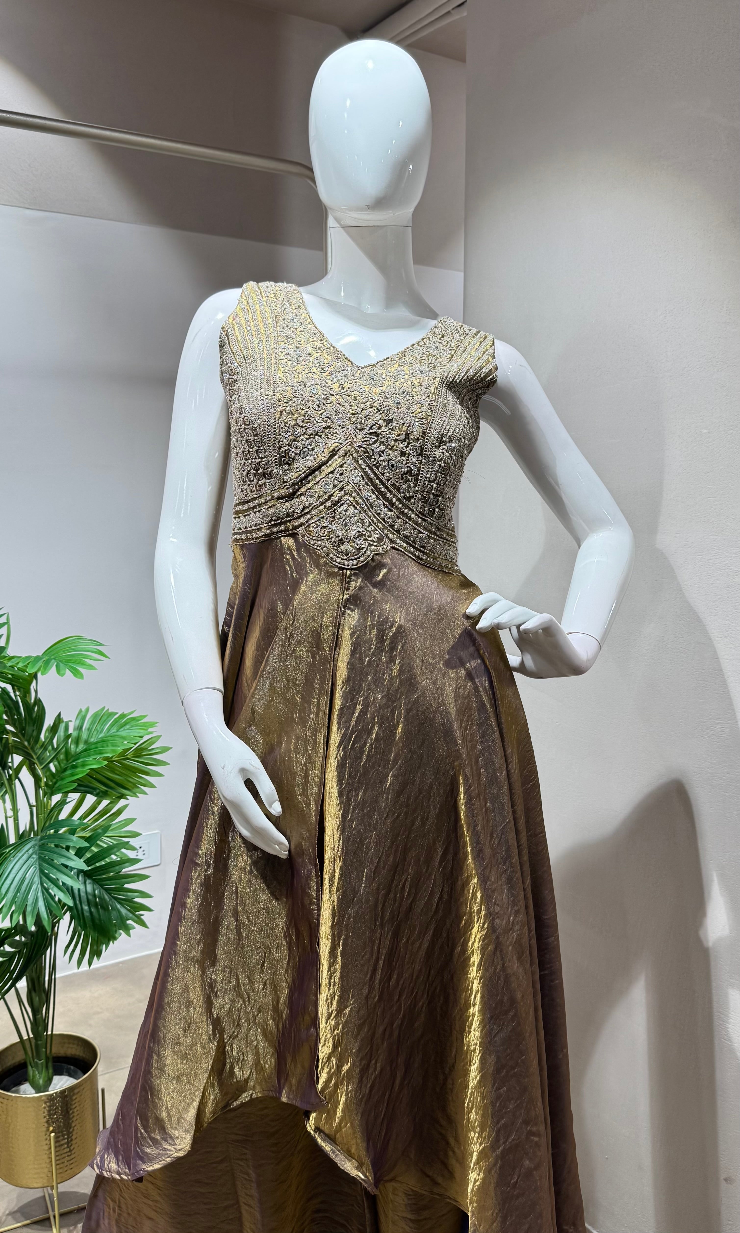 Brown gold shimmer tissue A line anarkali