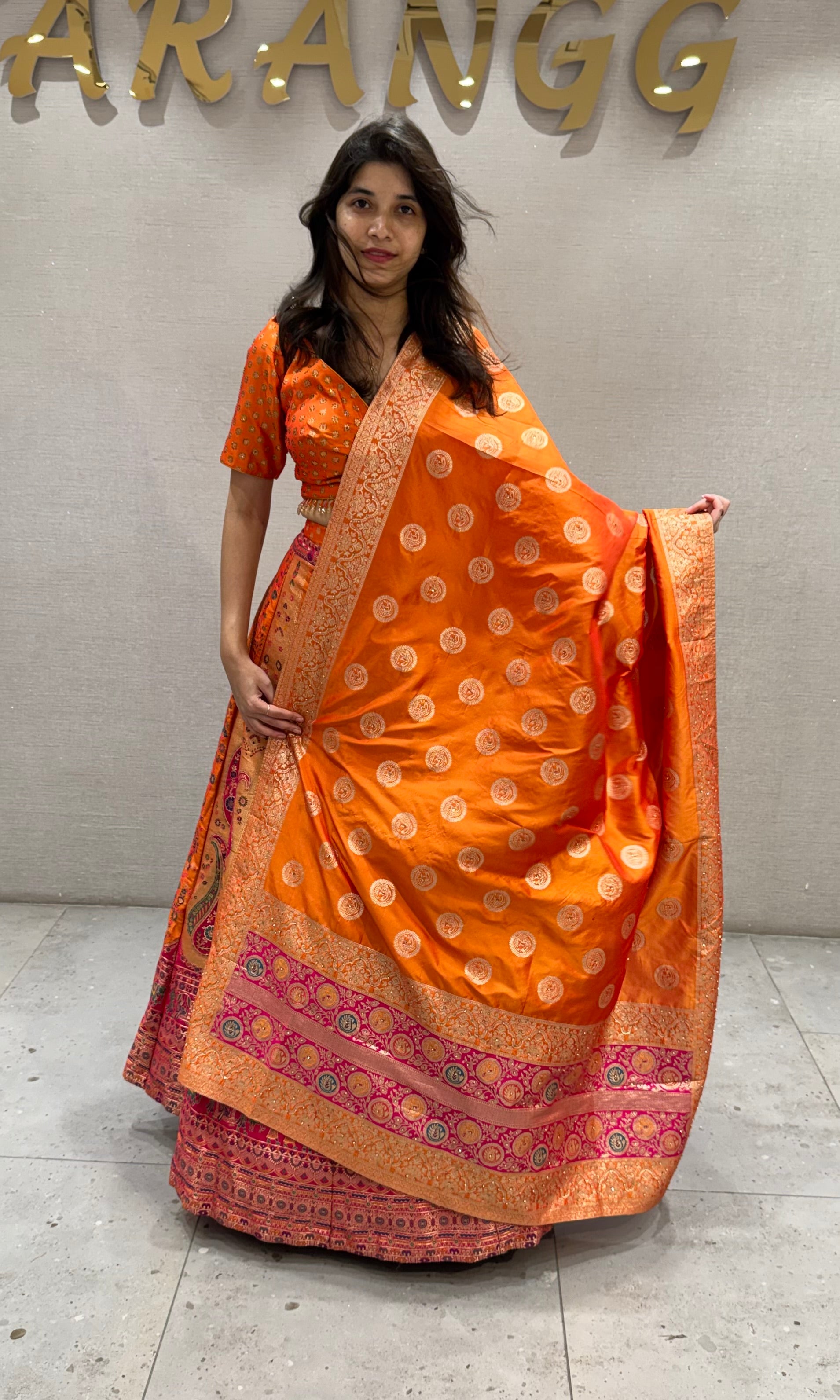Sunset Orange Banarasi Silk Lehenga