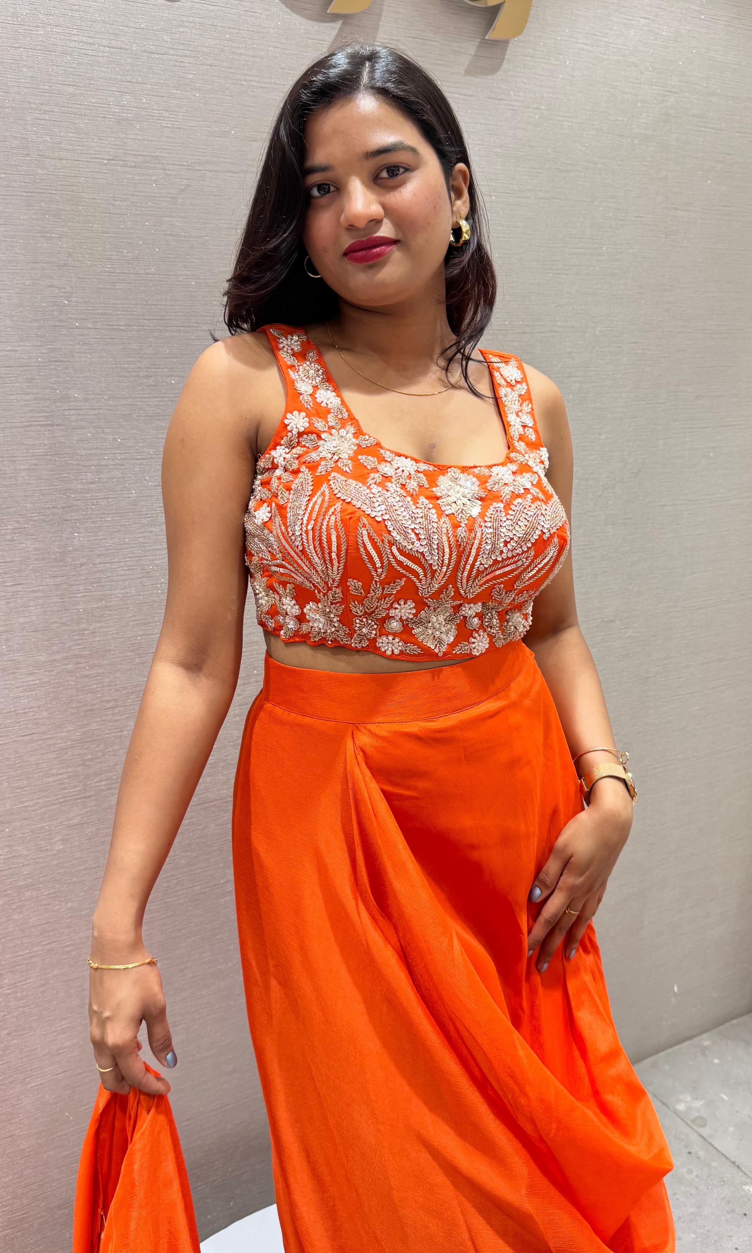 ORANGE EMBROIDERED BLOUSE WITH DRAPE SKIRT&CAPE