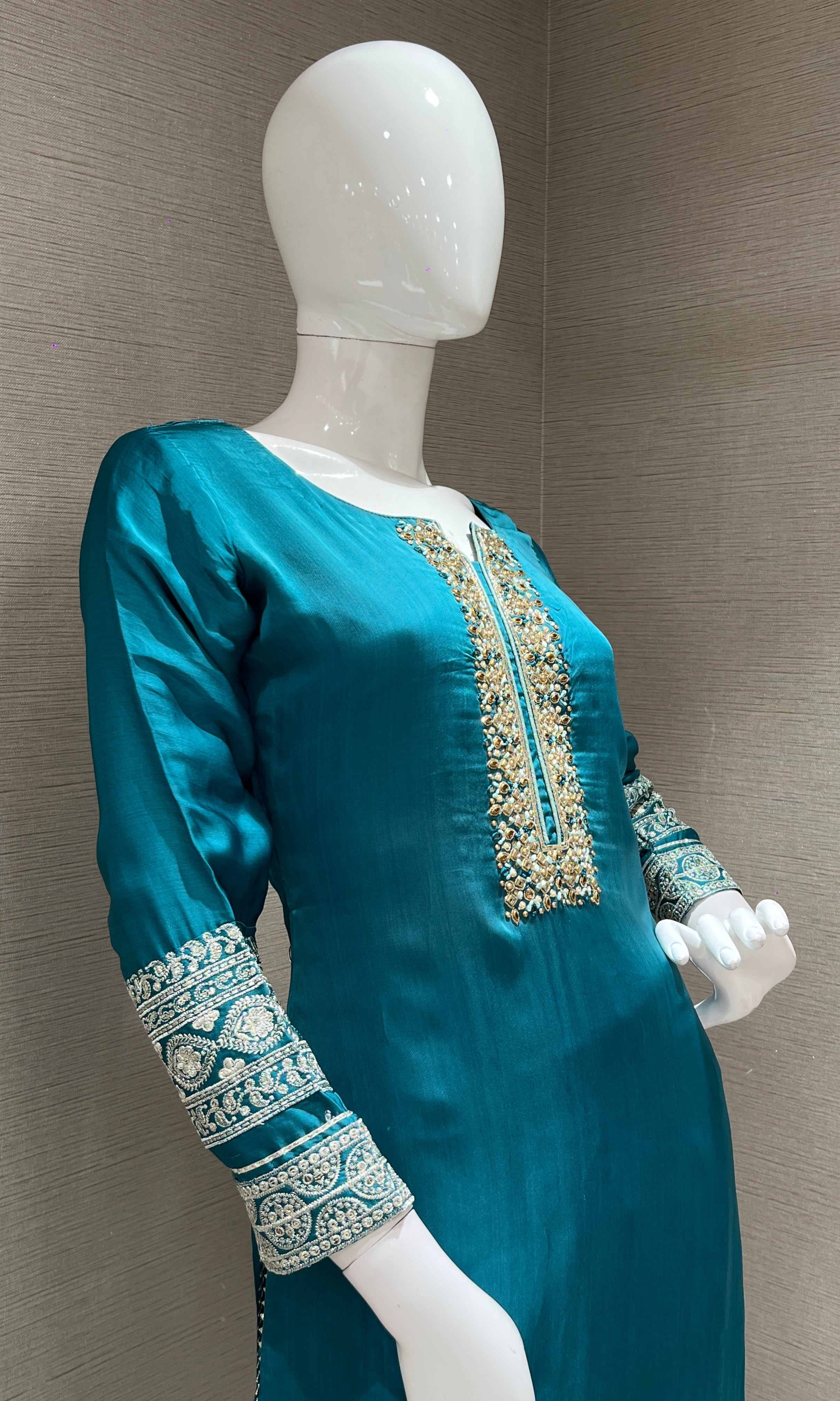 Teal Blue Embroidered Kurta set