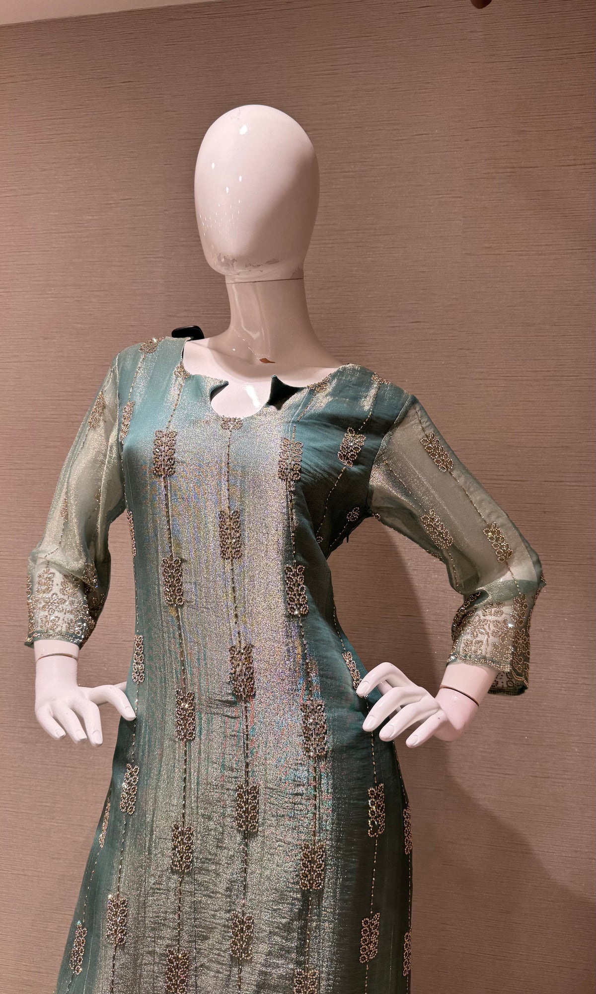 sage green tissue silk embroidered kurta set