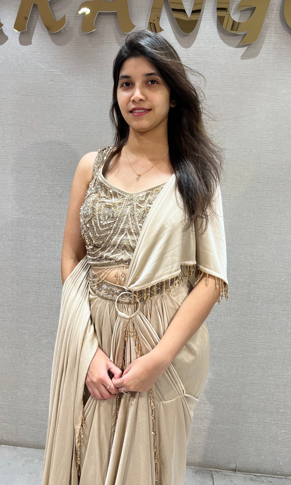 BEIGE SILK SATIN DRAPE SAREE WITH EMBROIDERED BLOUSE