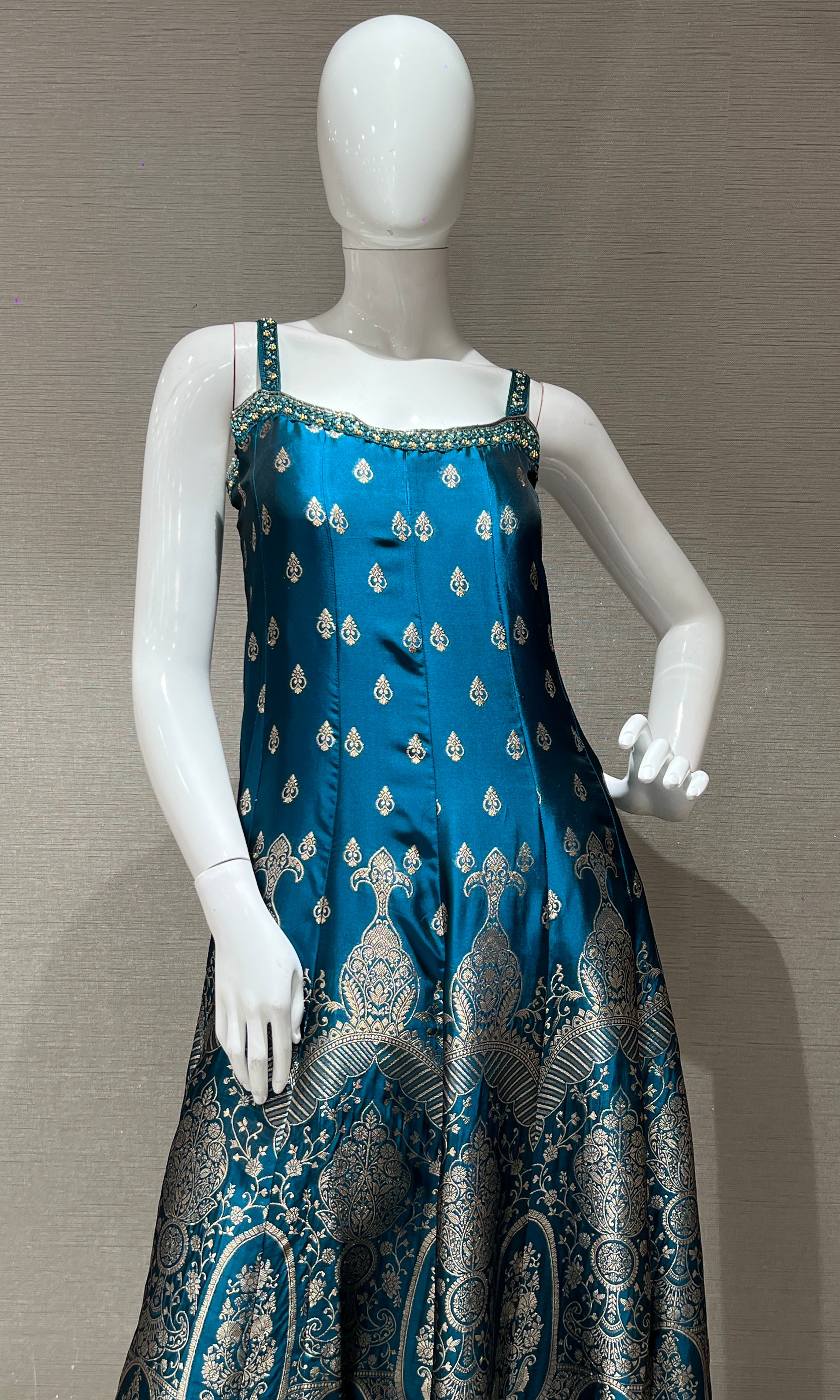 Rama Blue Anarkali with Gold Print embroidery