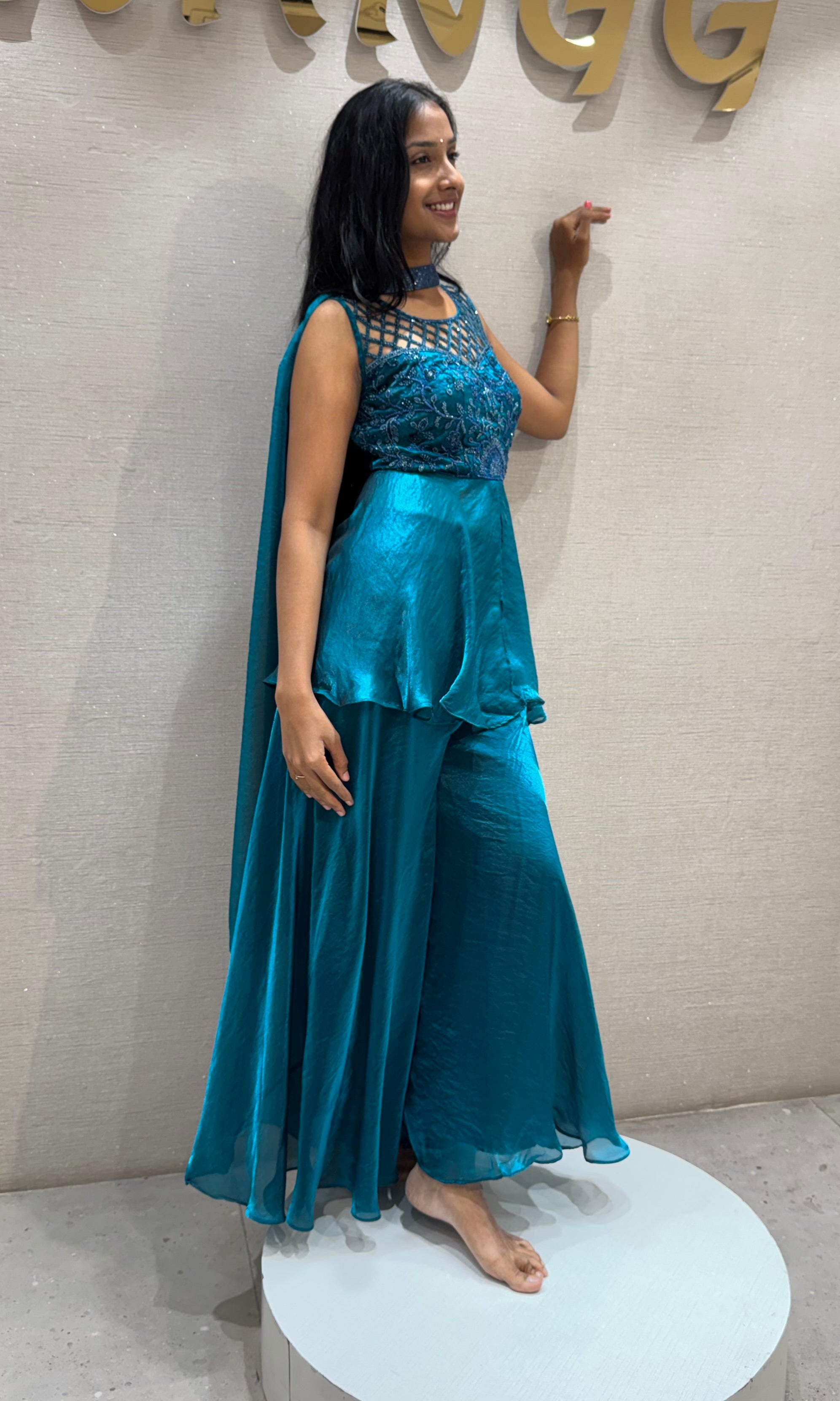 Rama Blue Georgette Peplum Palazzo Set