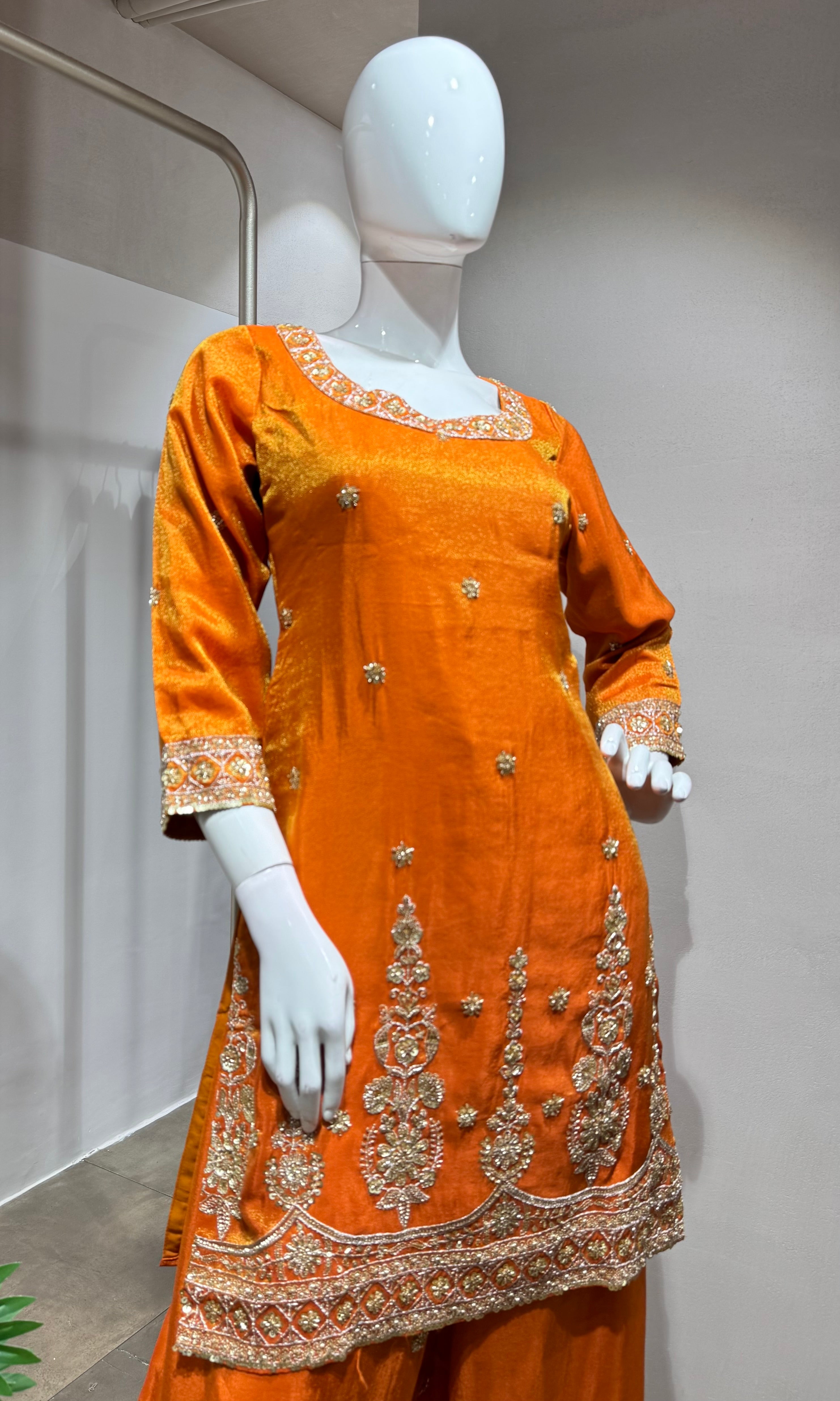 Orange  gold zari work sharara set