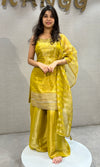 Mustard Yellow and Gold Zari Sharara set with Sheer Dupatta
