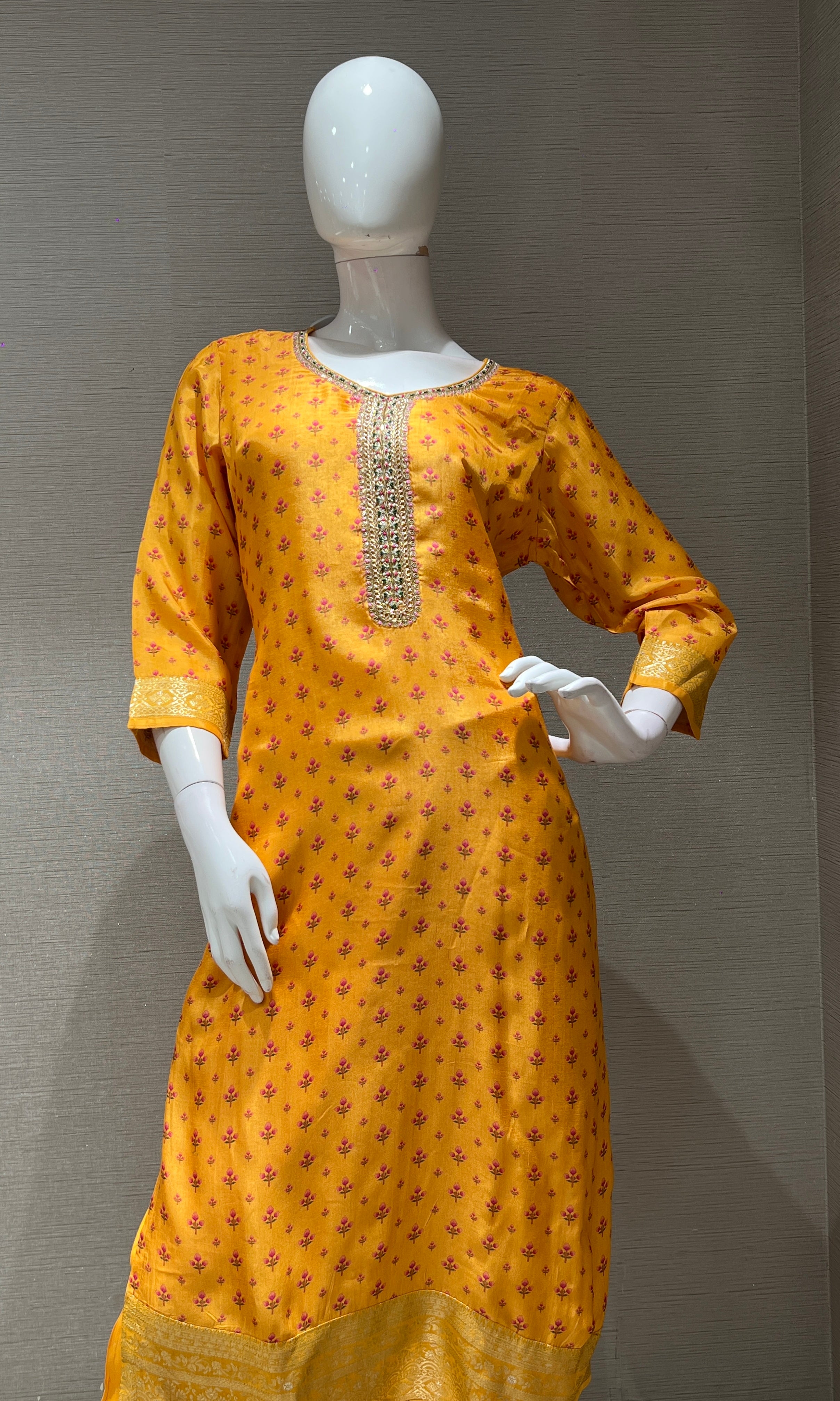 yellow embroidered printed kurta set