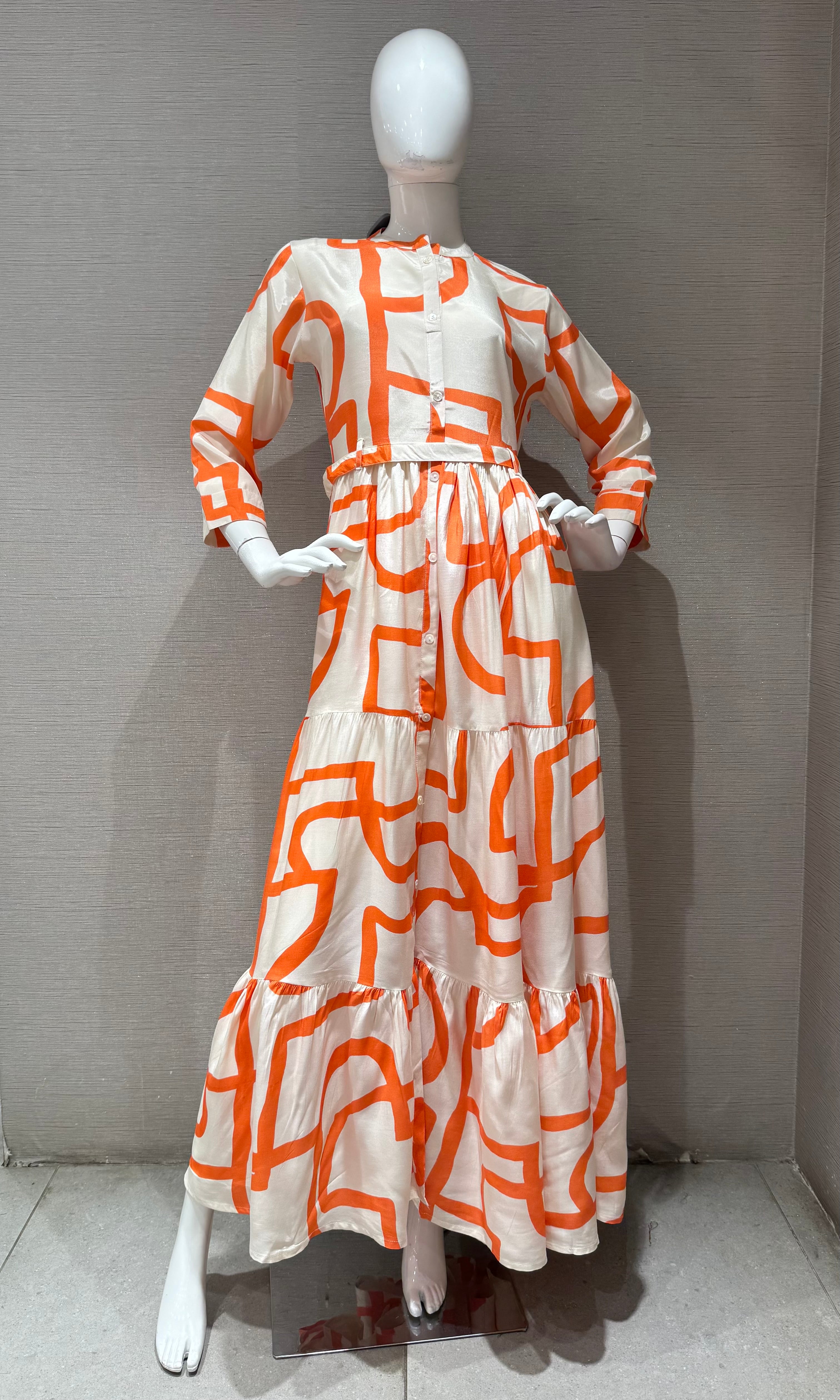 orange and white geometric tiered frock