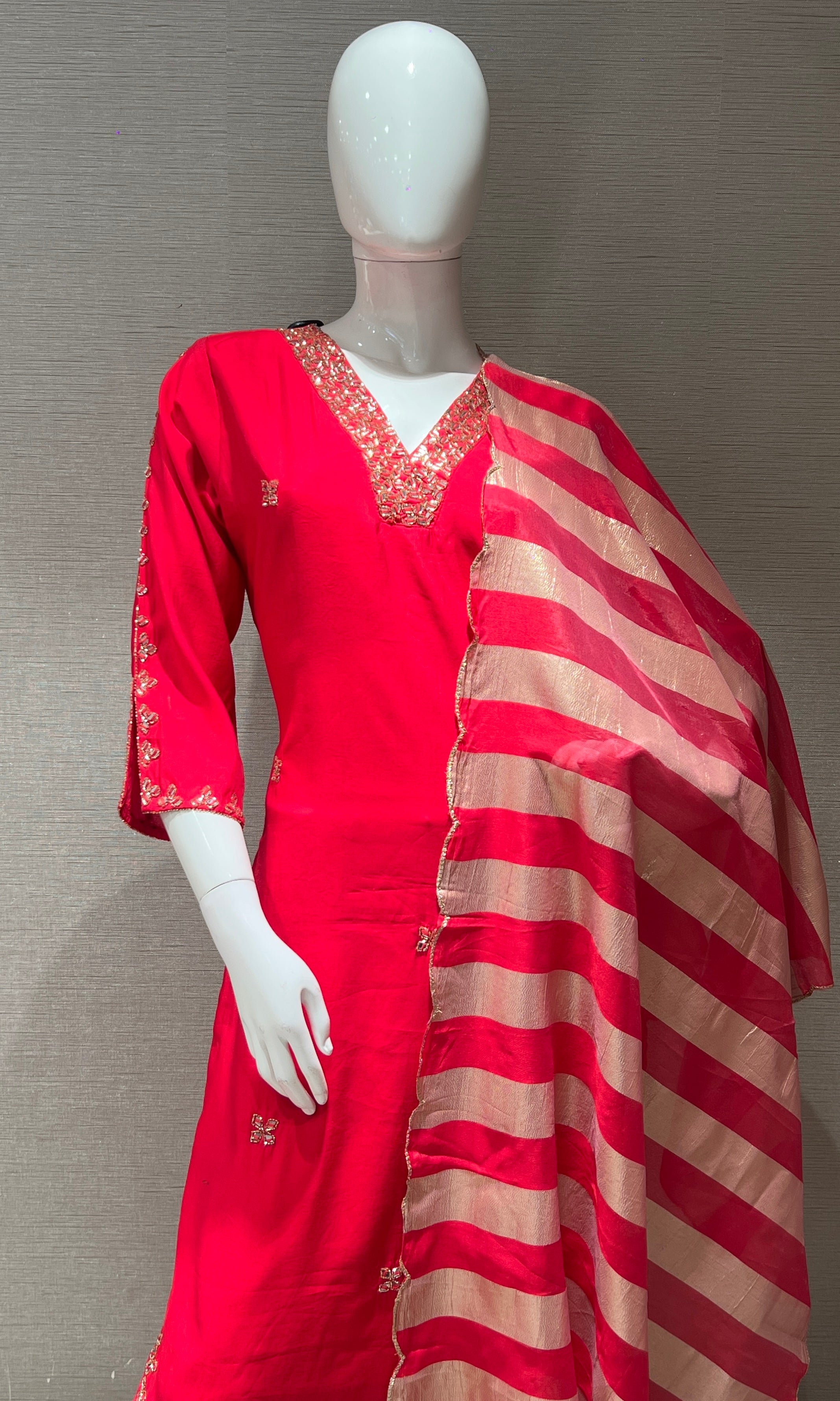 pink embroidered kurta set with striped dupatta