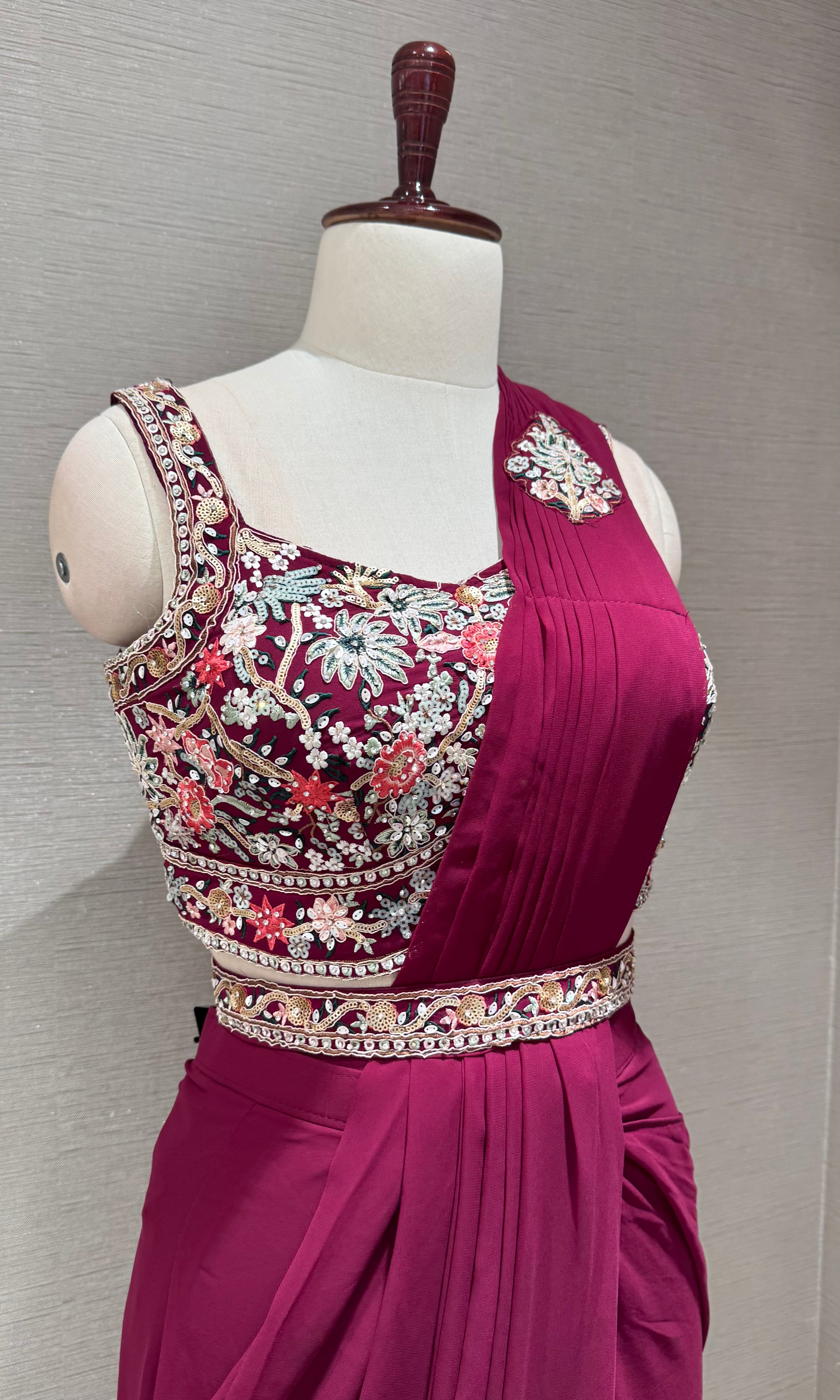 Wine Draped Saree with Floral Embroidered Blouse & Belt