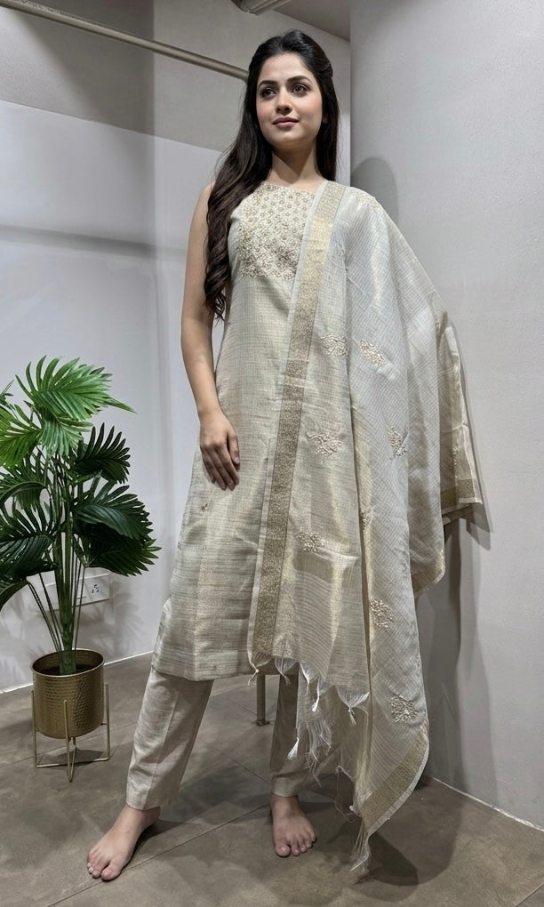 Fawn Elegant Kurta Set with Striped Dupatta
