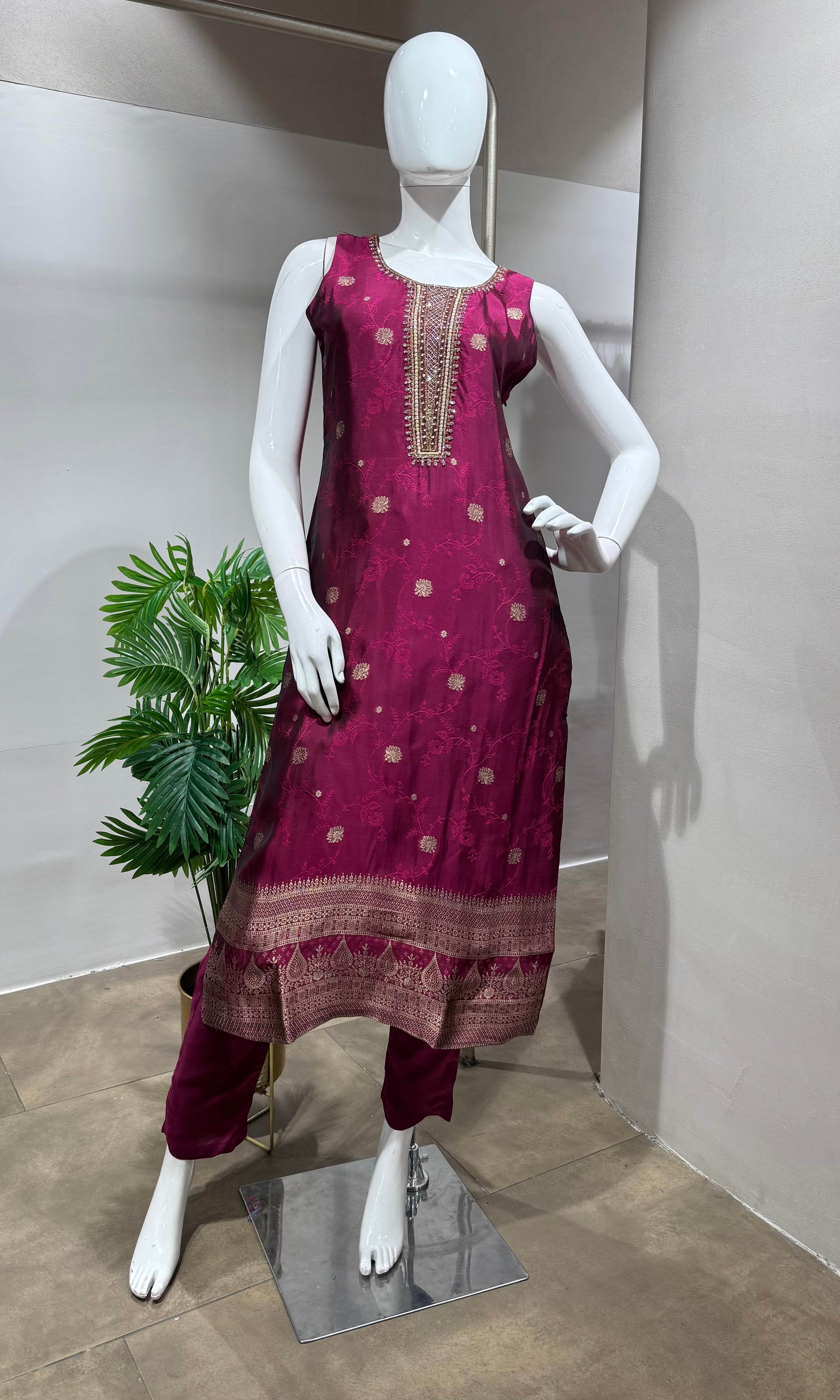 Wine Silk Embroidered kurta Set