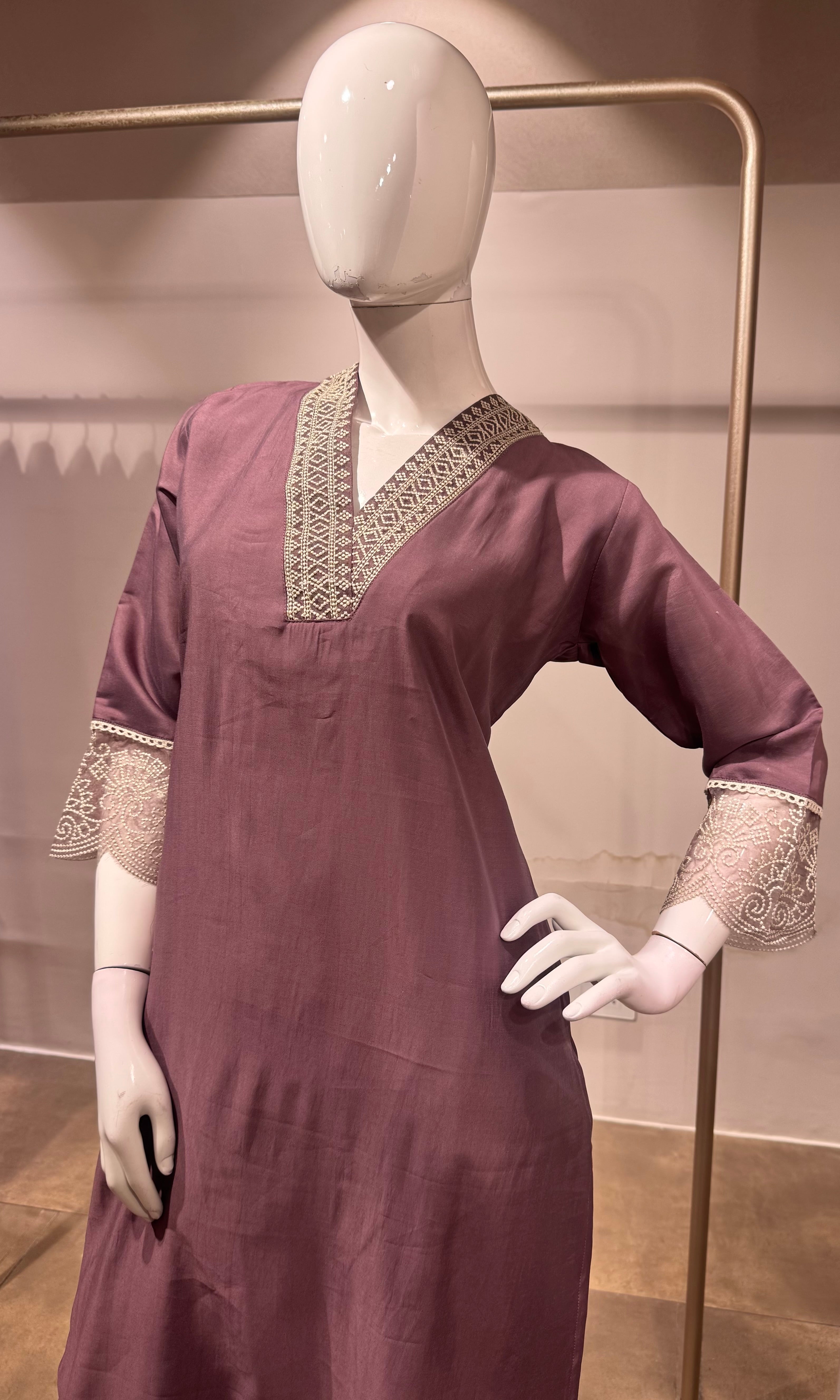 Lavander intricate silver embroidery kurta set
