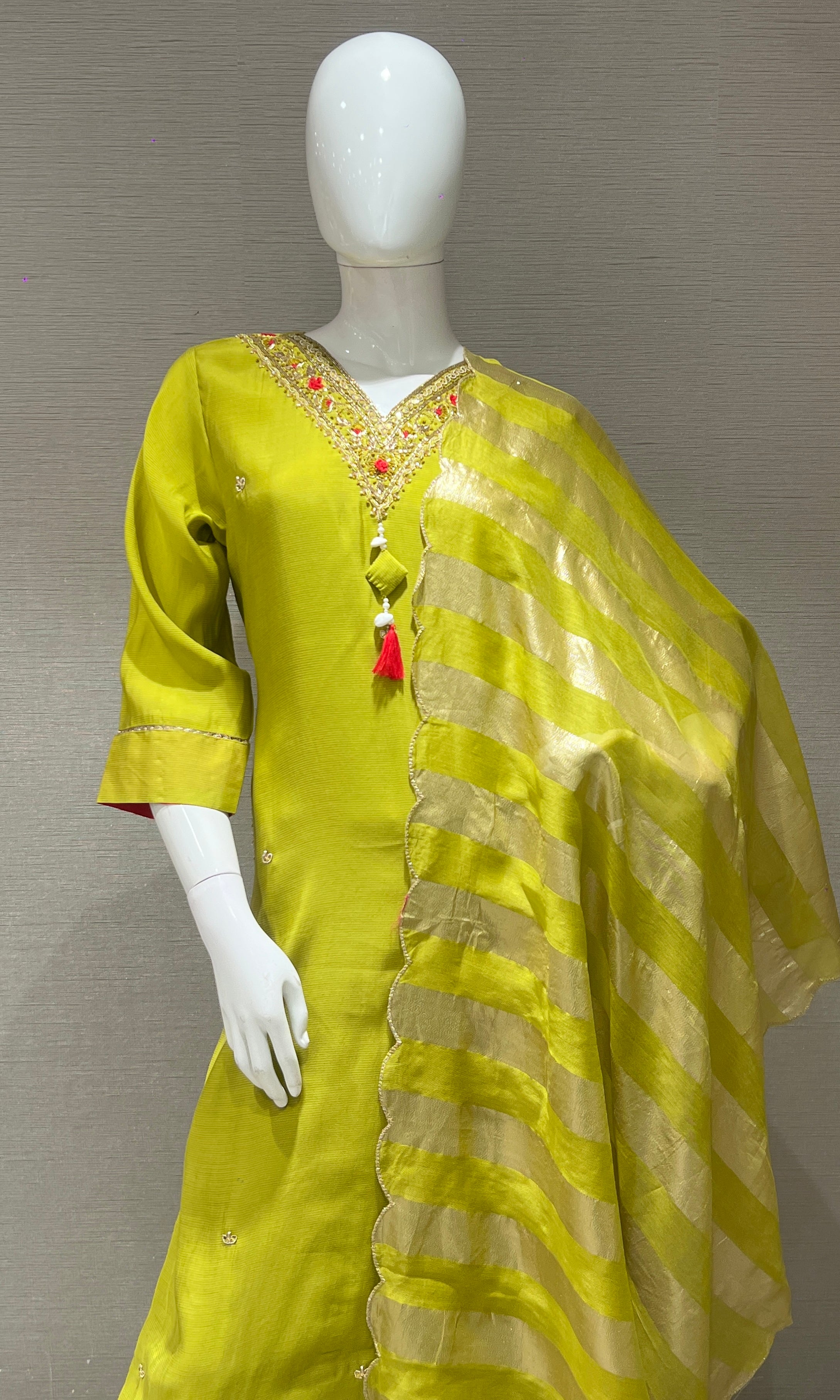 Liril embroidered kurta set with striped dupatta