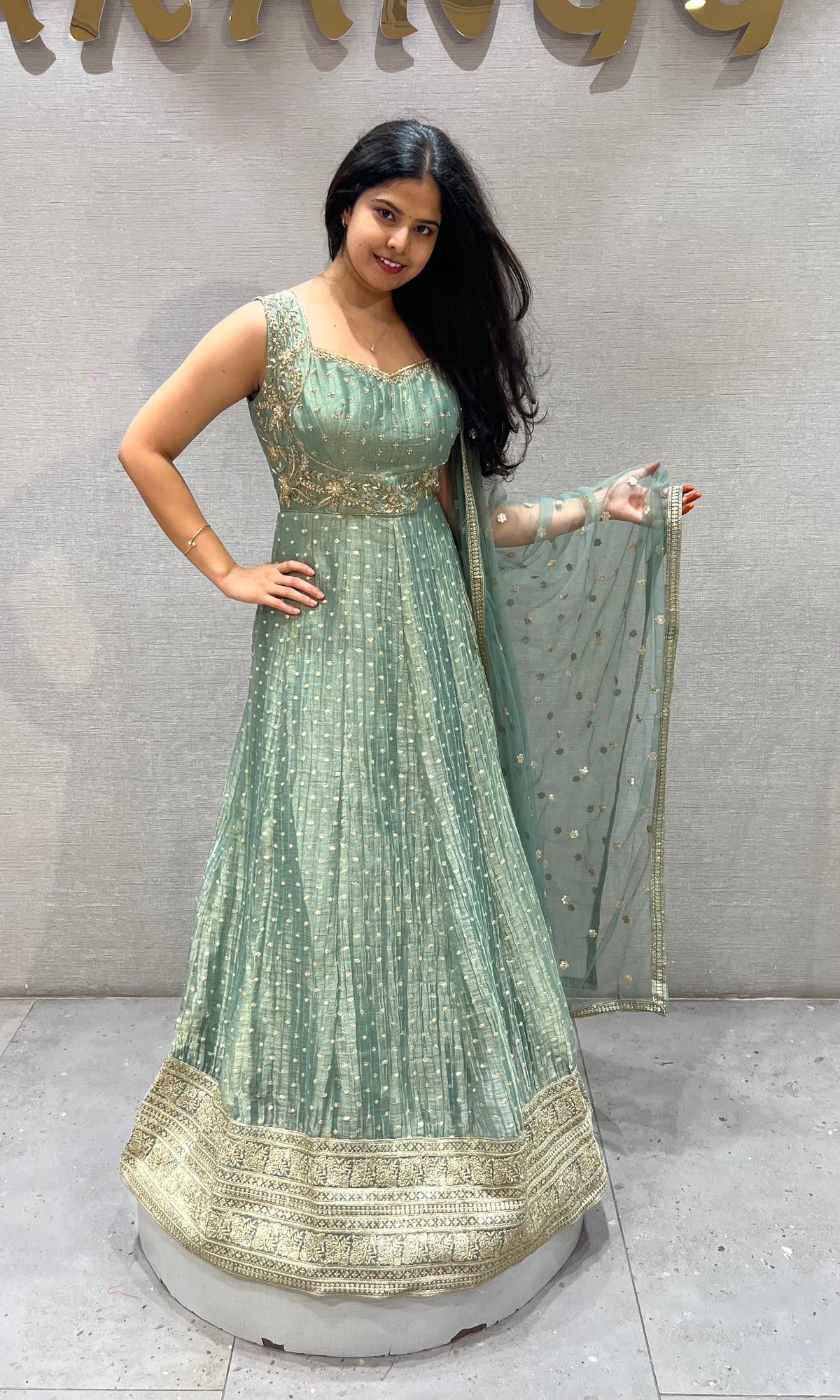 Mint Green shimmer Anarkali with Sheer Dupatta