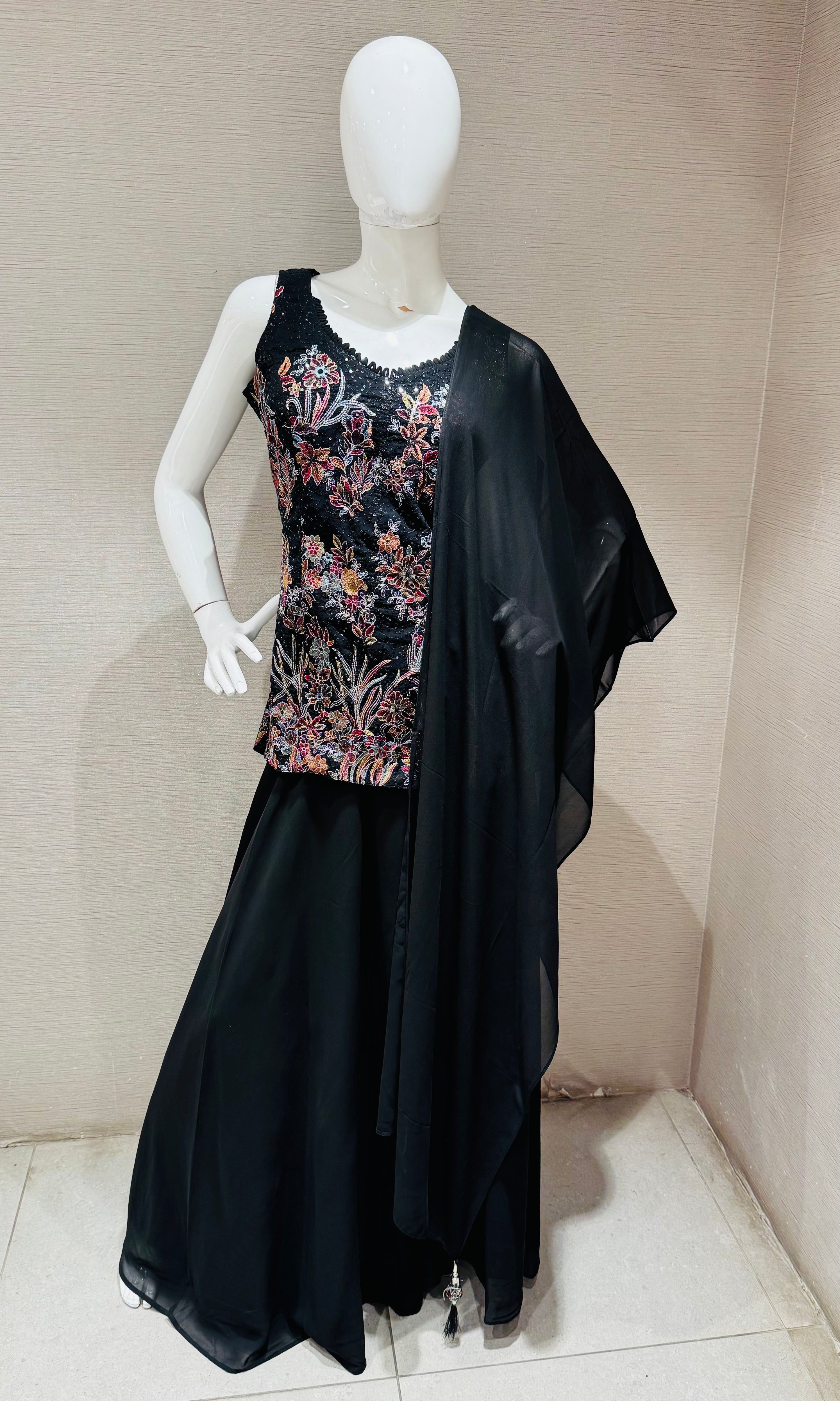 Black embroidered floral sharara set