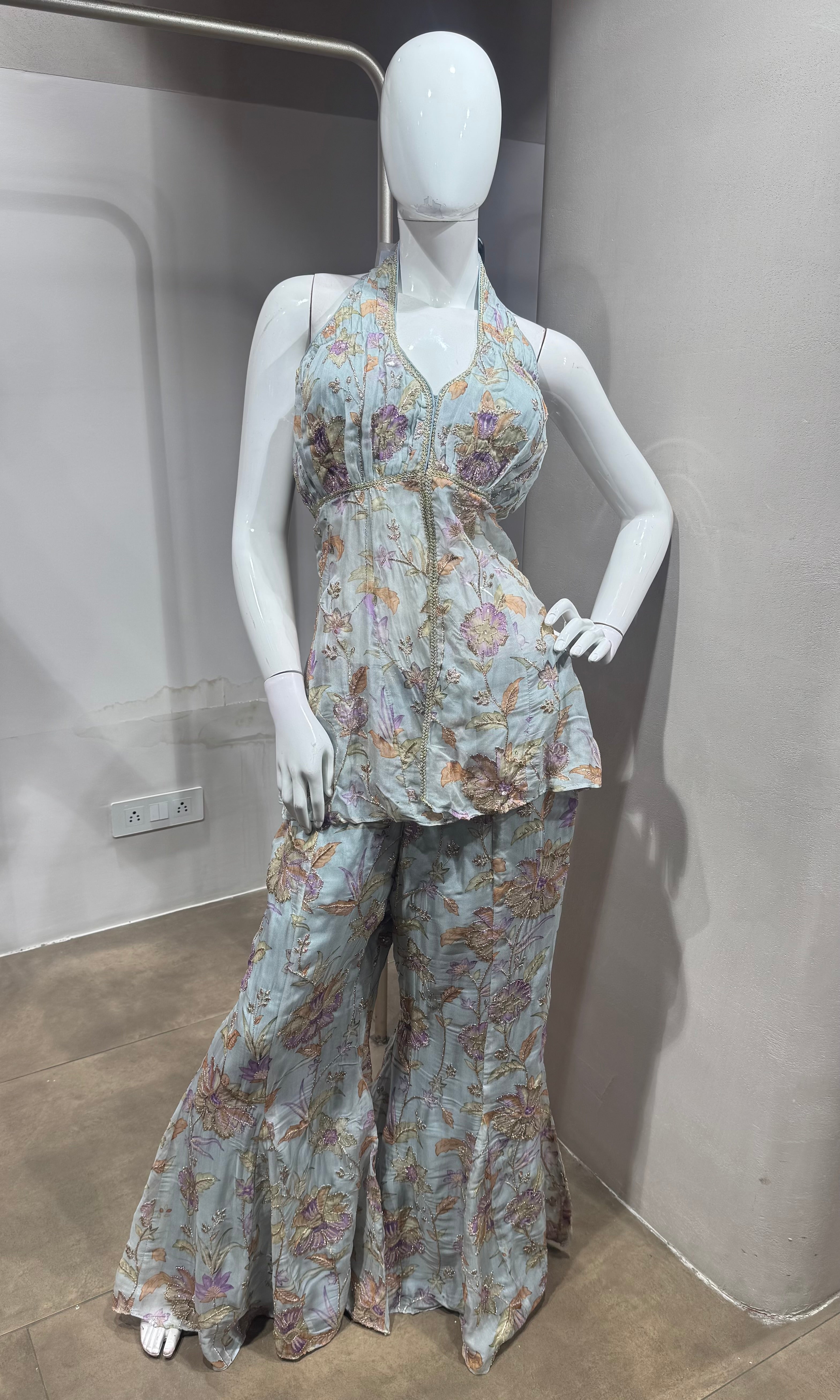 Grey Floral Halter Peplum palazzo Set