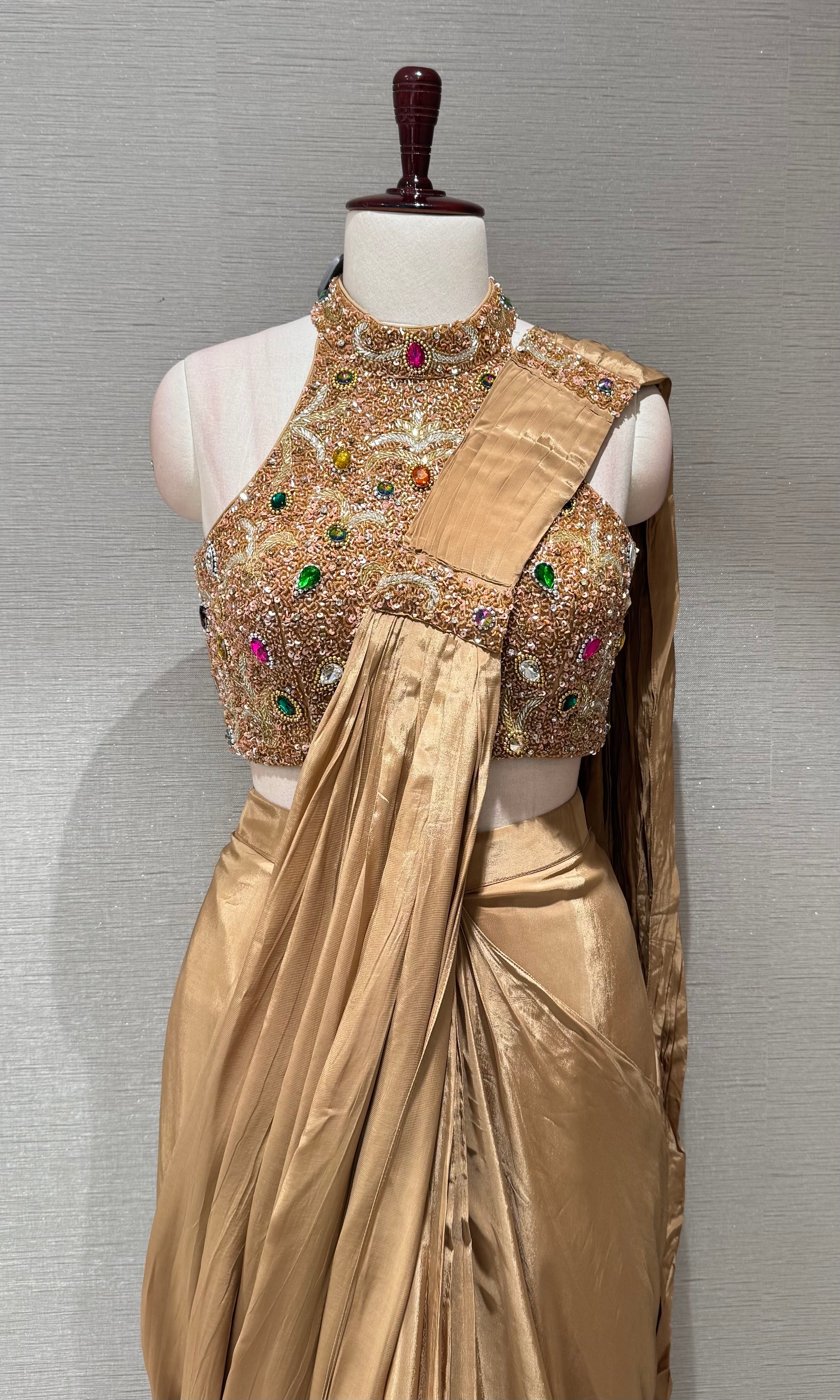Gold Shimmer Saree with Jeweled Halter Blouse