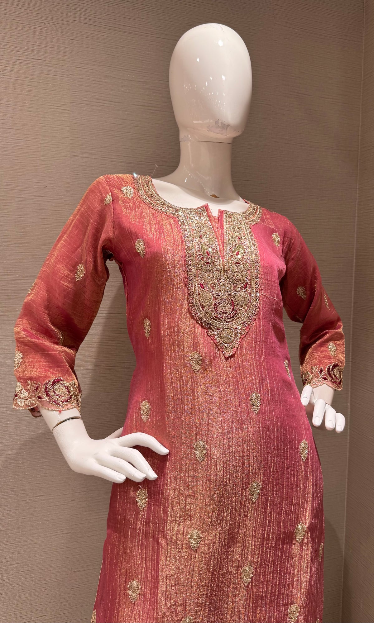 pink Tissue silk Ethnic Kurta Set with Zari dupatta