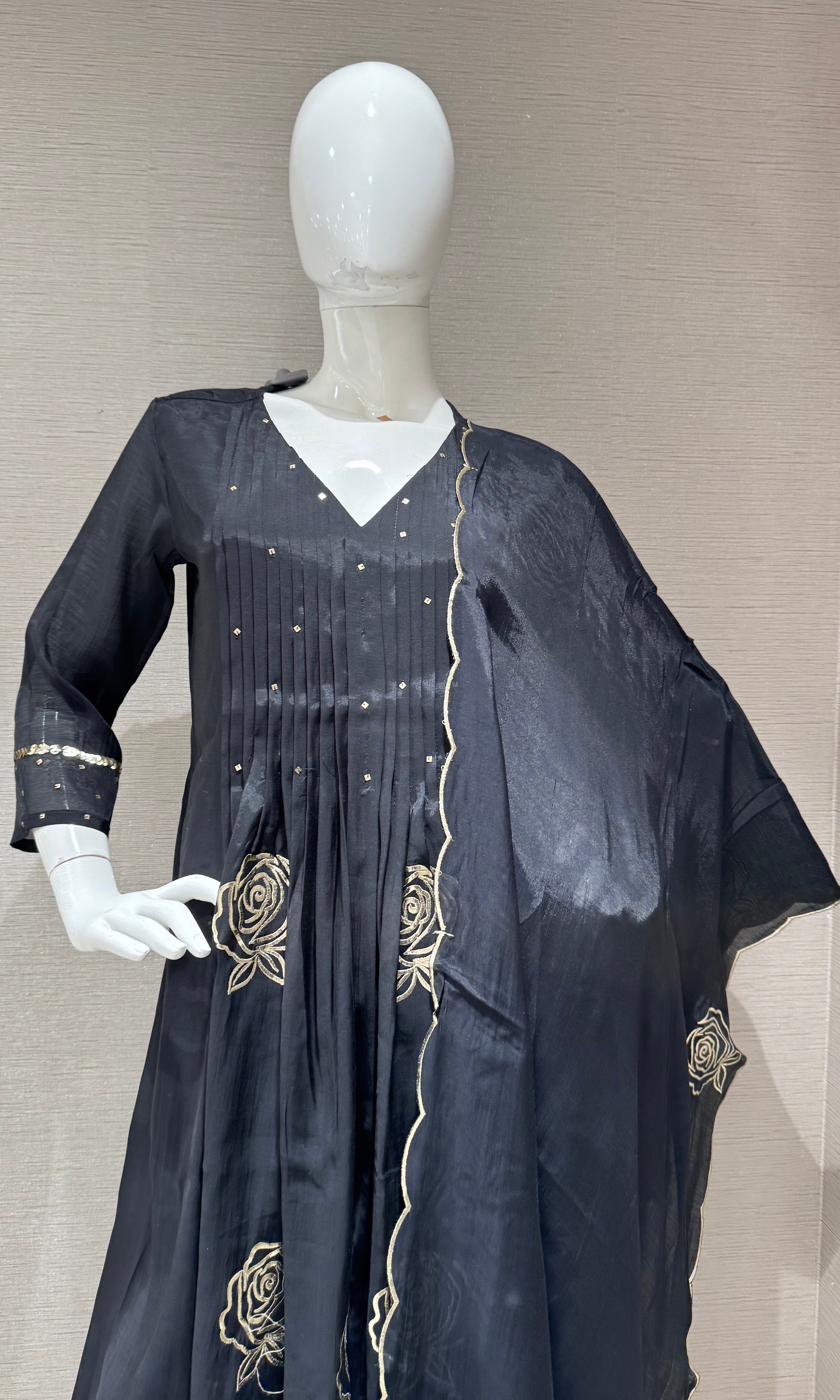 Black golden floral mul chanderi kurta set
