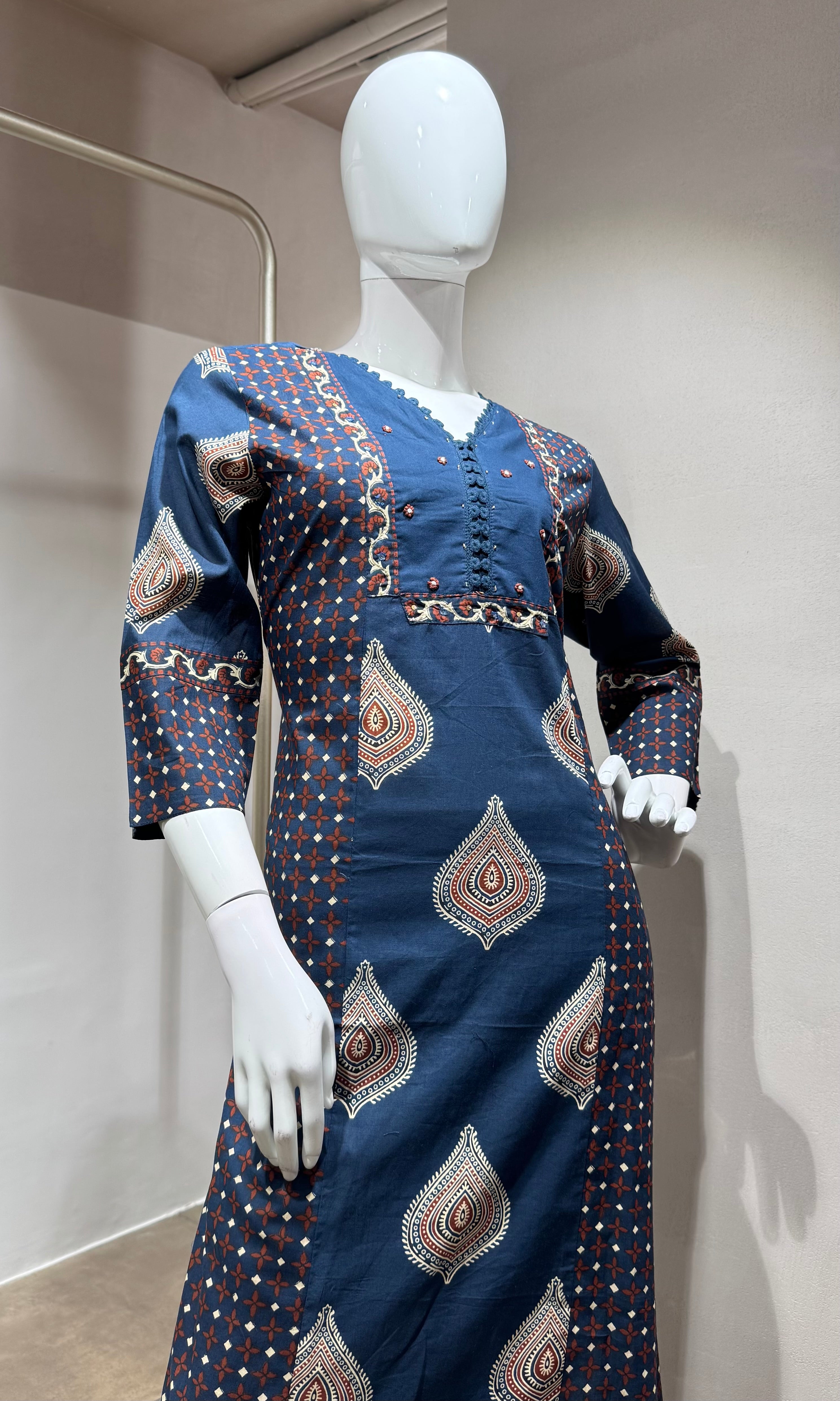 Navy blue block print design kurta set