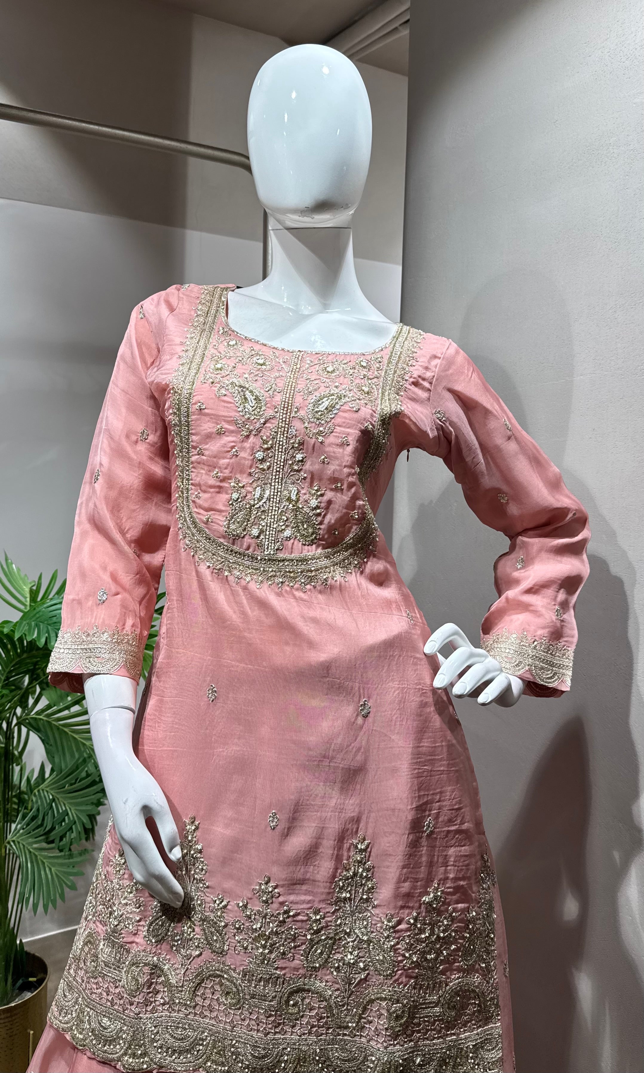 pink silk embroidered sharara set