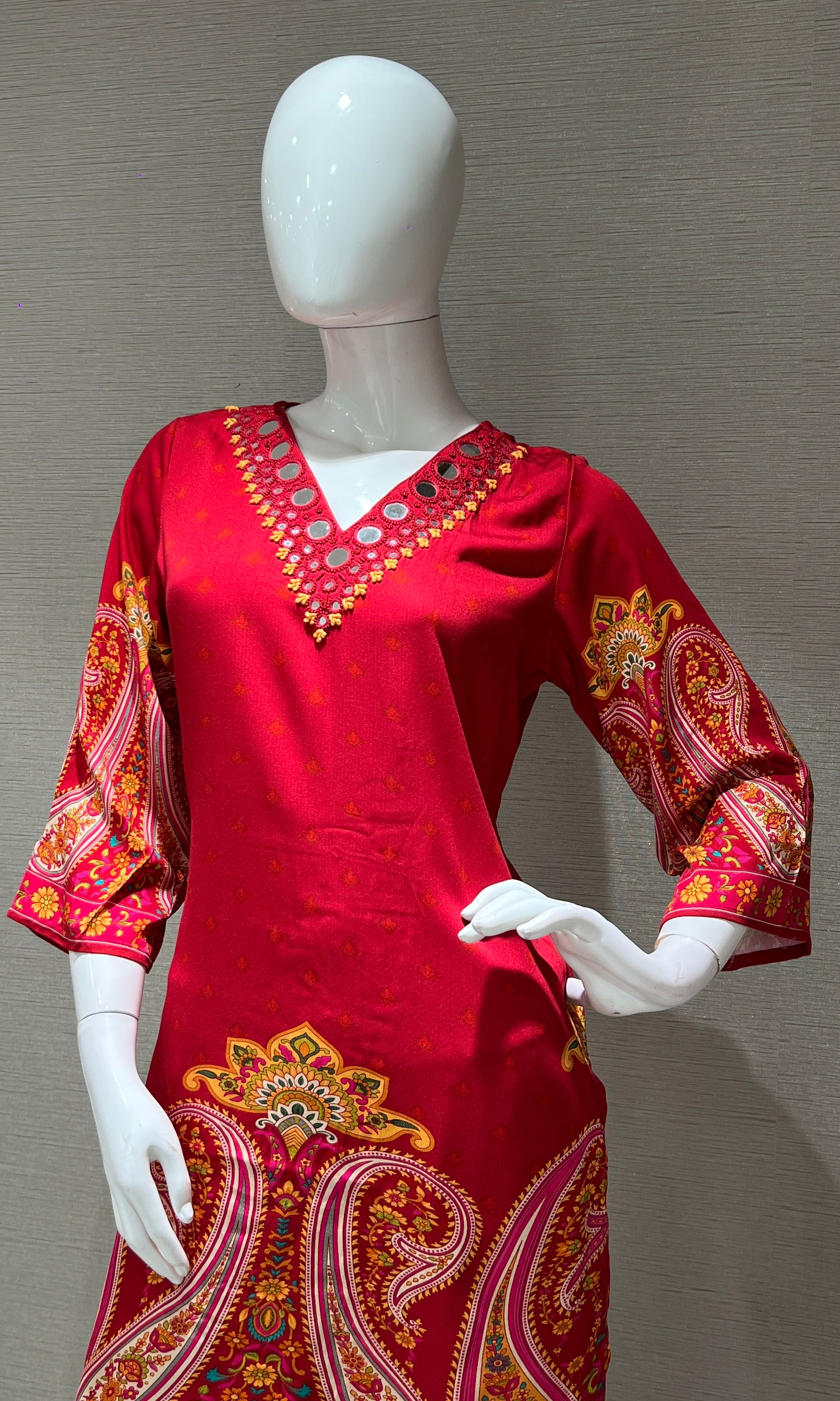 Red Ethnic Print Kurta Pant Cord Set