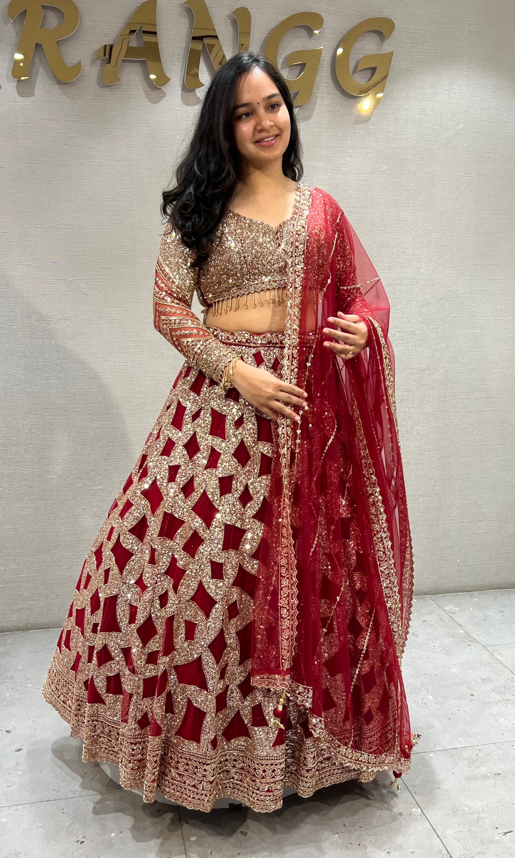Maroon Geometric golden Bridal Lehenga