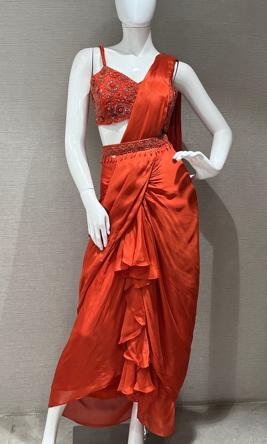 🧡Orange pre stitched sarees with belt and designer blouse🧡