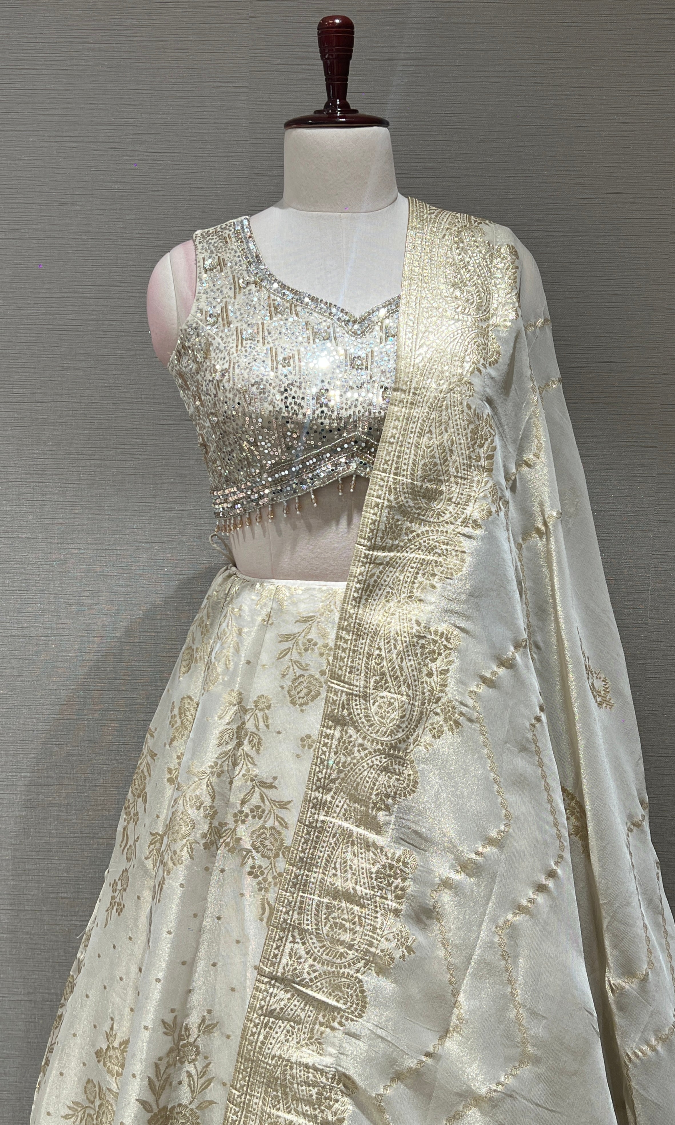 Off white Gold Lehenga with Embellished Blouse