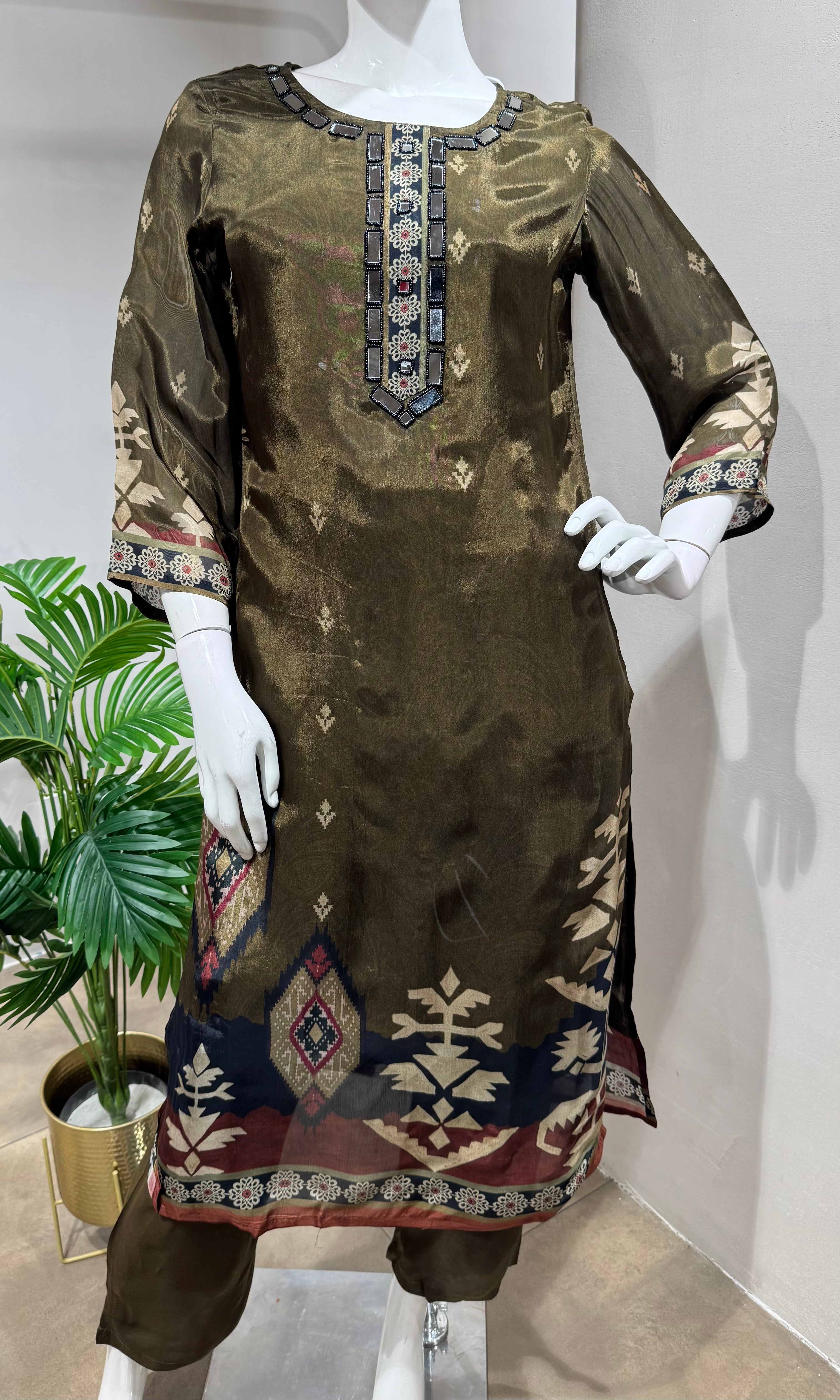 brown Embroidered Kurta Set
